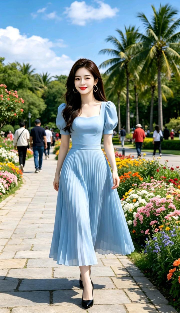 一位美女在花园里散步，好惬意！一个家，什么最重要。 散步公园风景 山野治愈系美女