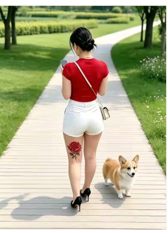 遛狗
这个地方绿化好；
草坪地上一大片；
唯有美女风景线；
美女打扮挺特别；
红