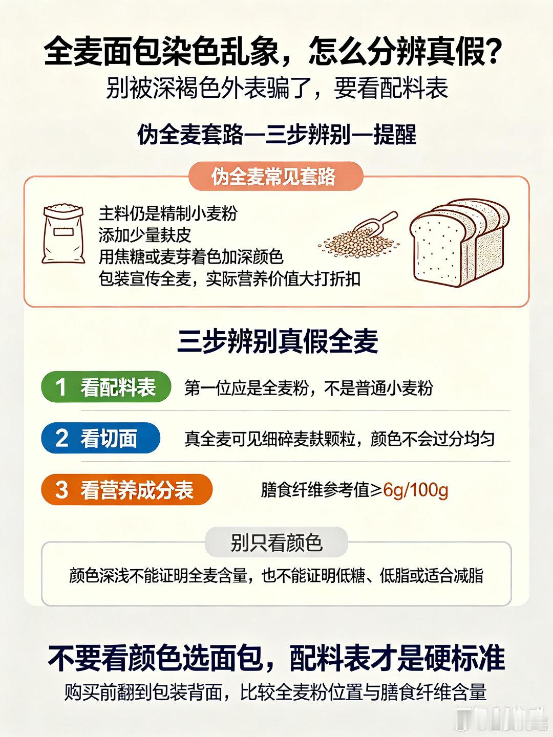 全麦面包染色 到底什么是真的挑选全麦面包，很多人会误以为颜色越深，全麦含量越高。