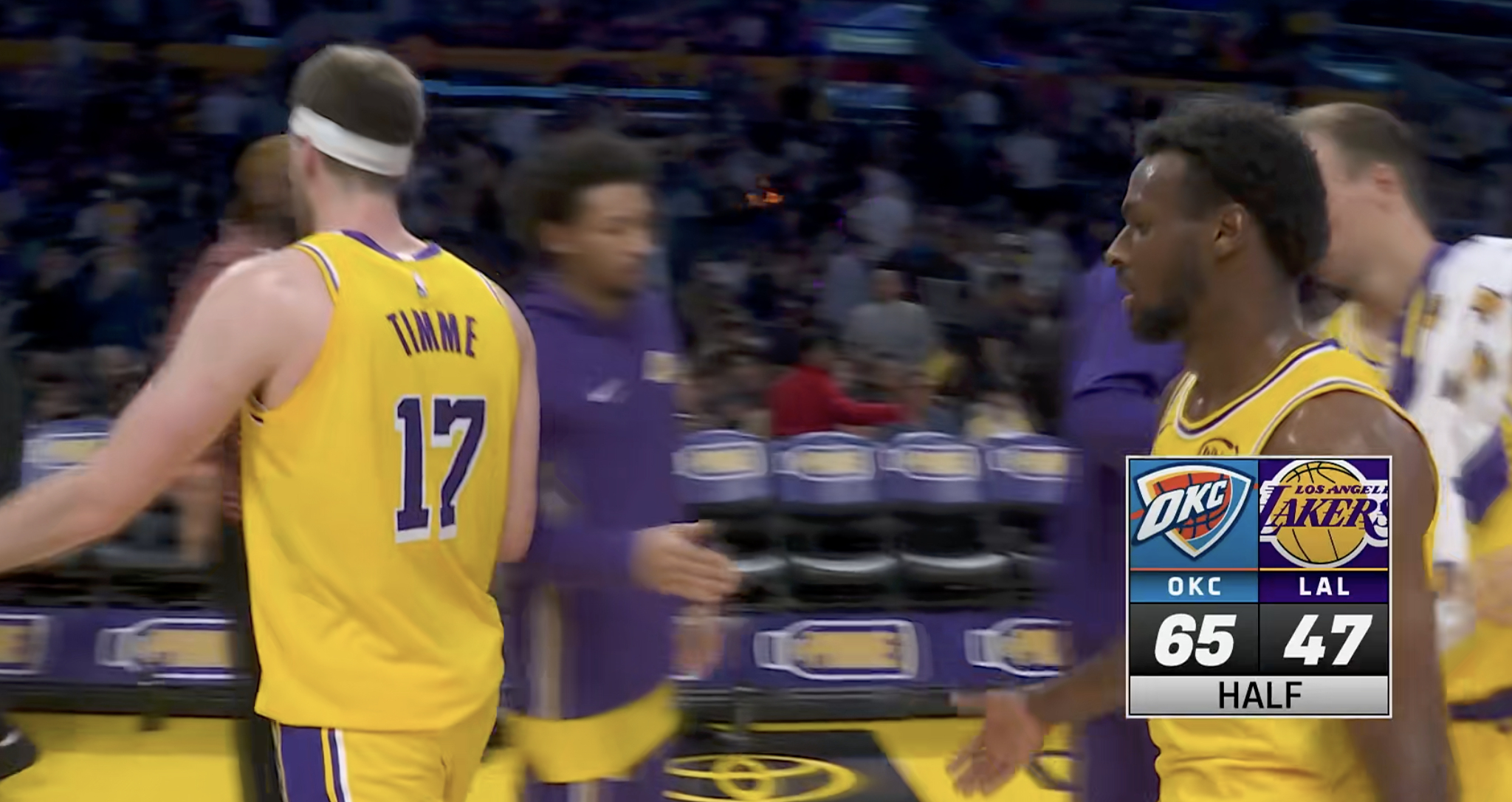 湖人雷霆战成42平后，随后雷霆打出23-5的高潮，领先19分结束半场。湖人上半场