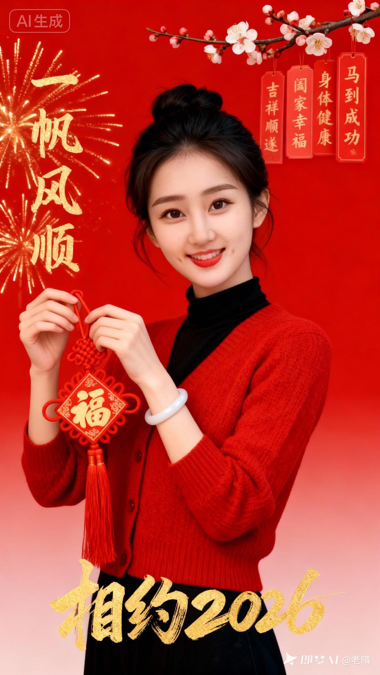 2026马年喜庆风，年轻女性低盘黑发戴白玉镯，红针织开衫配黑高领，持红福字中国结