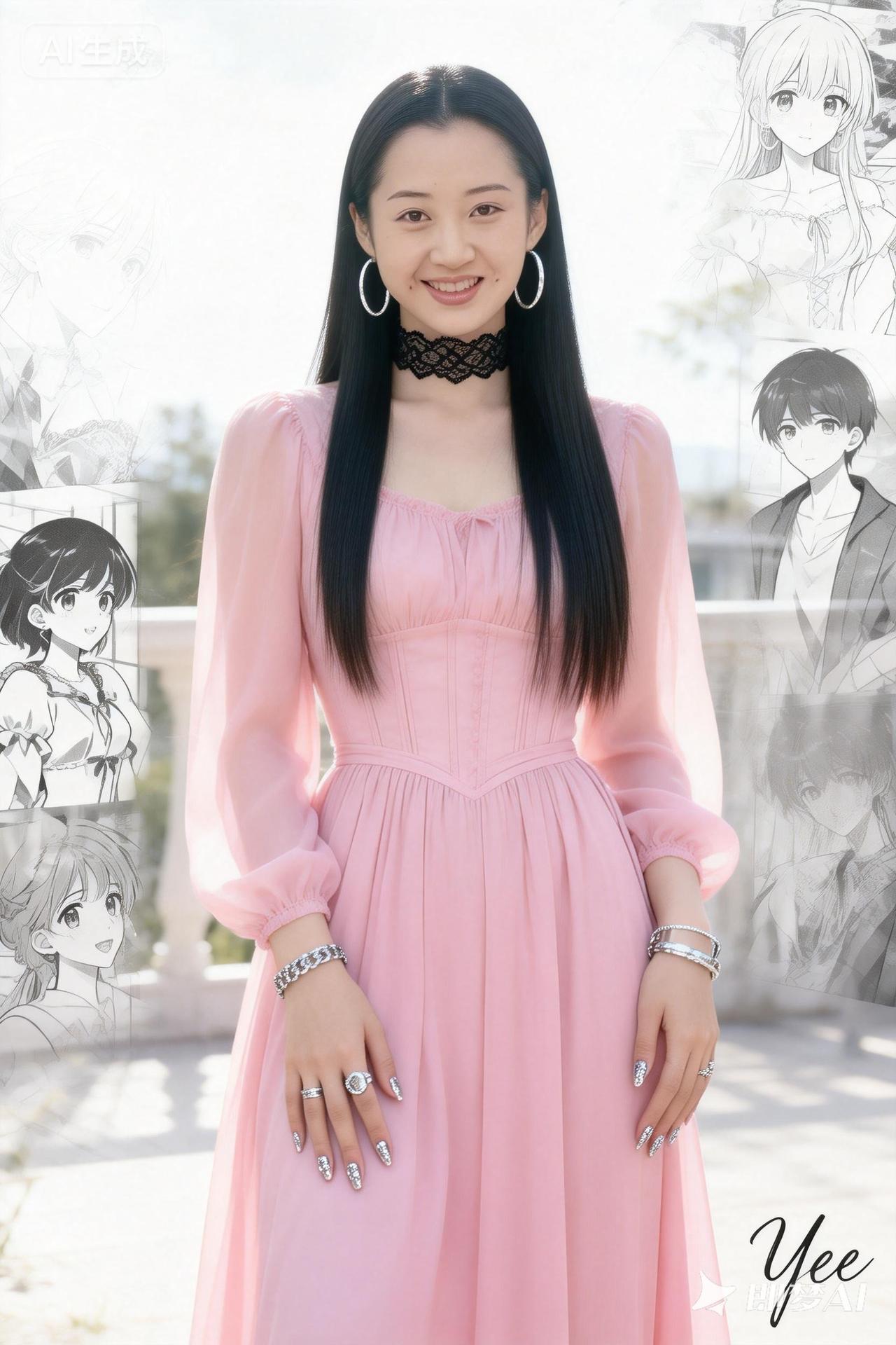 甜美粉裙少女，搭配优雅黑颈链，尽显青春甜美风！💖👗💍