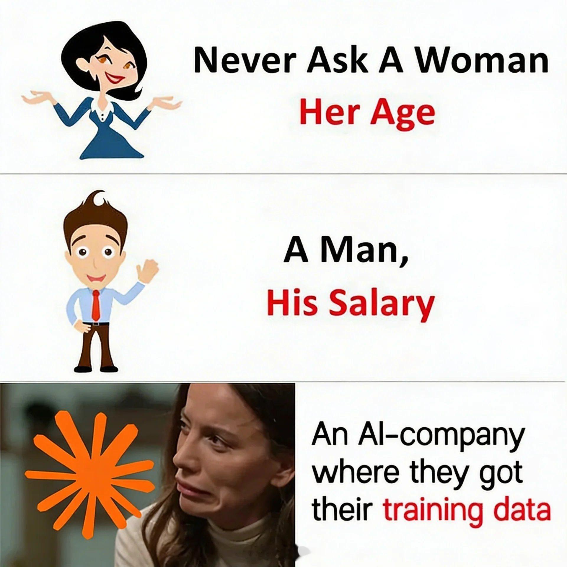 永远不要询问一位女士的年龄，一位男士的收入，以及一个AI公司它的训练数据是从哪里