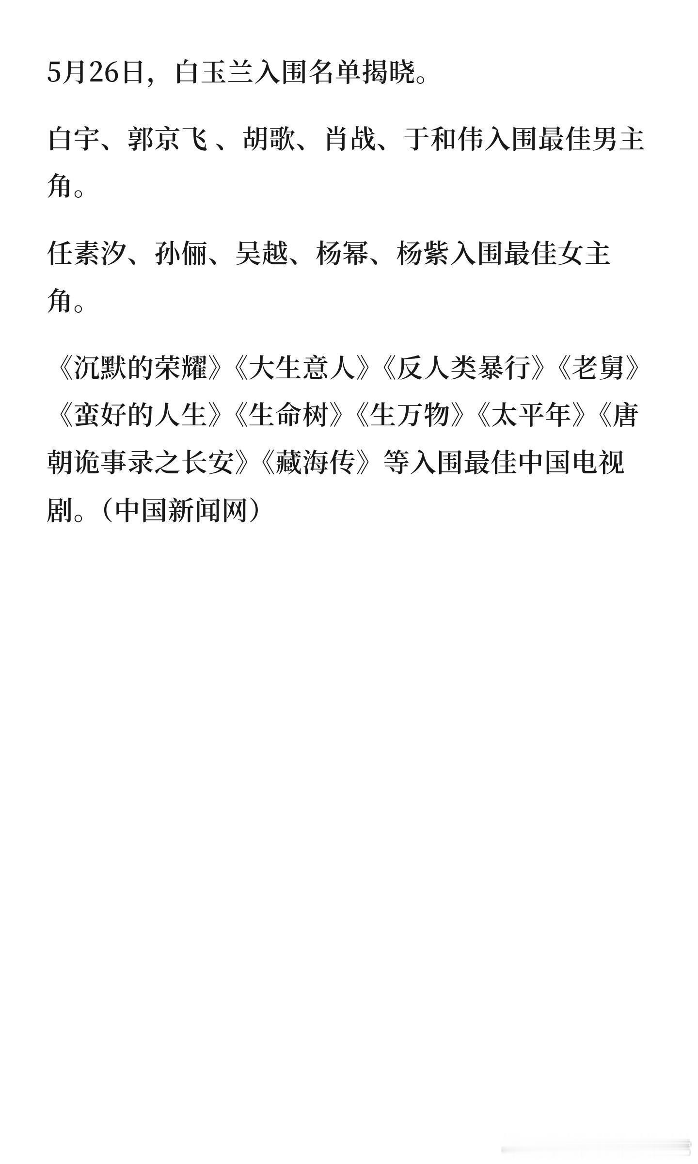 白玉兰入围名单白宇、郭京飞 、胡歌、肖战、于和伟入围最佳男主角。任素汐、孙俪、吴