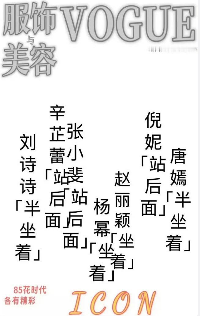 Vogue85花群封站位都给编出来了
有刘诗诗，辛芷蕾，张小斐，杨幂，赵丽颖，倪