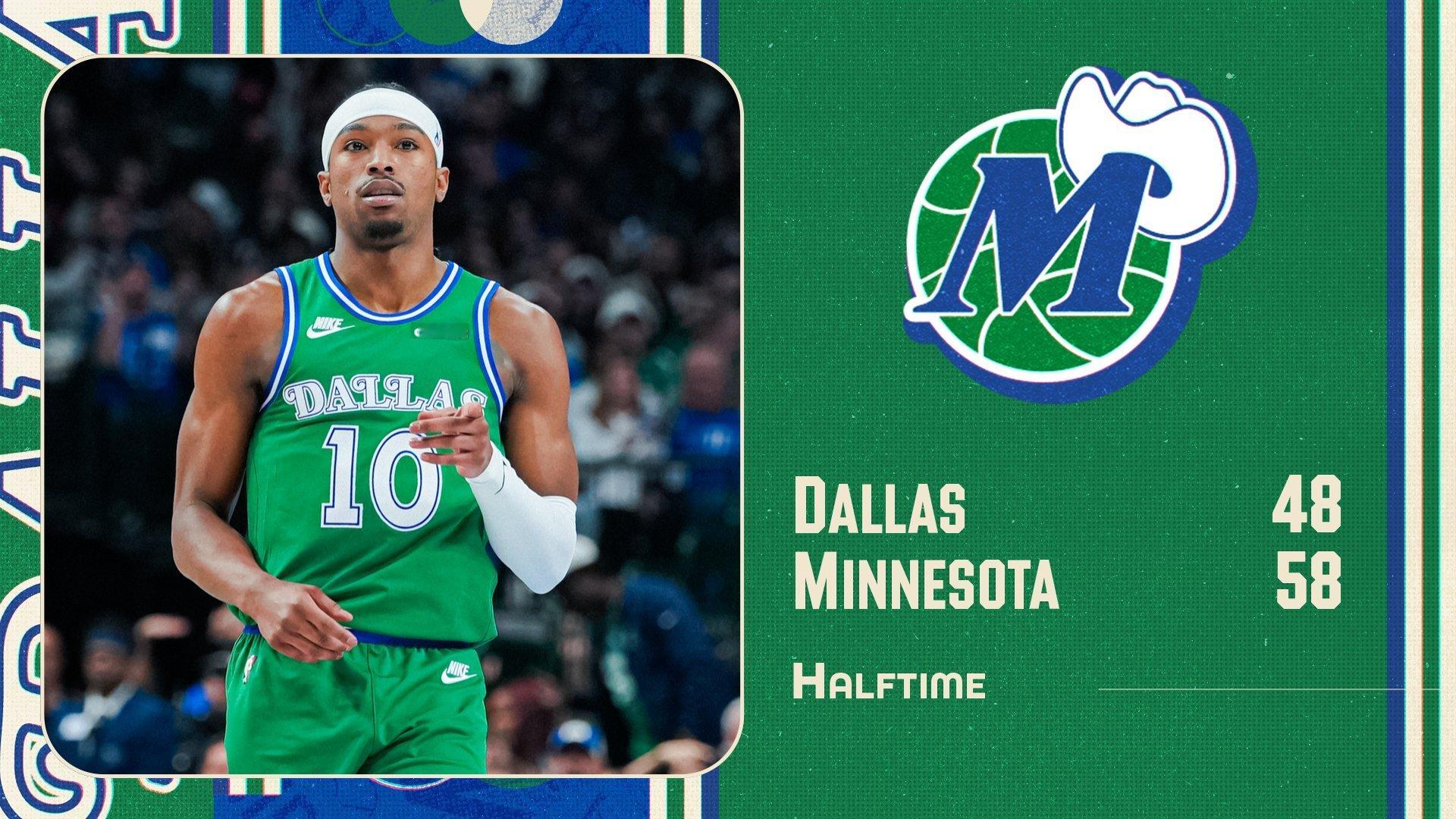 半场结束，独行侠 48-58 落后森林狼10分。半场就14个失误，加上进攻不顺畅