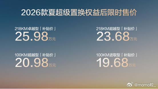 2025年11月4日，比亚迪2026款夏正式上市，限时置换价19.68万起，以中