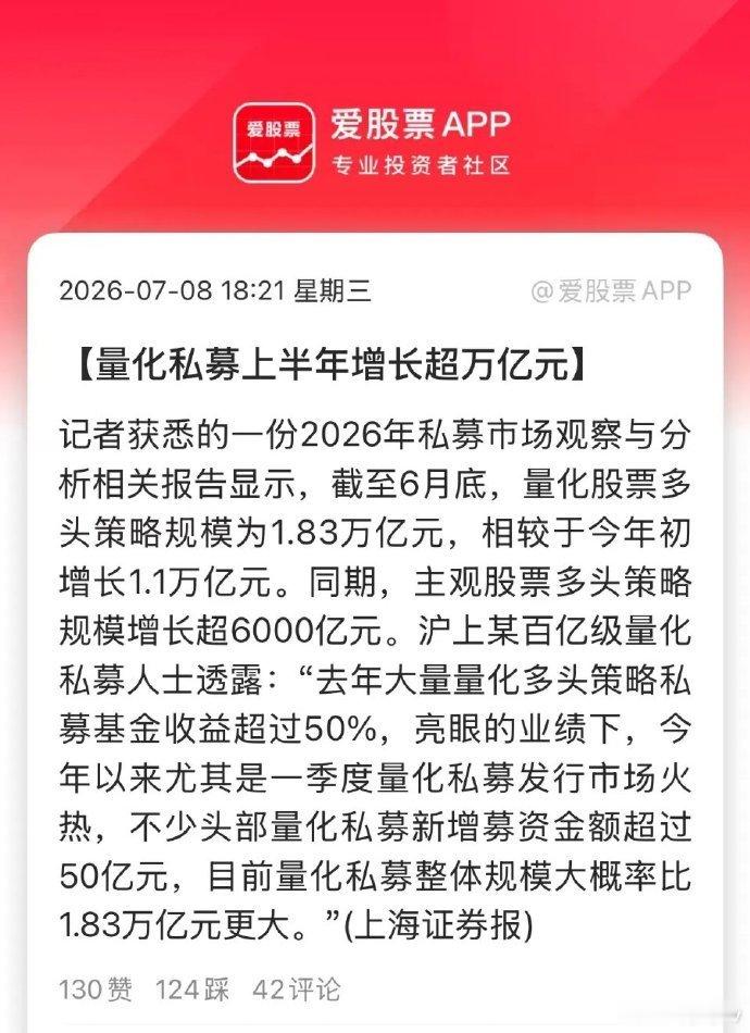 A股上半年的主要增量资金，竟然是量化私募。上半年增长超万亿，规模从7000多亿增