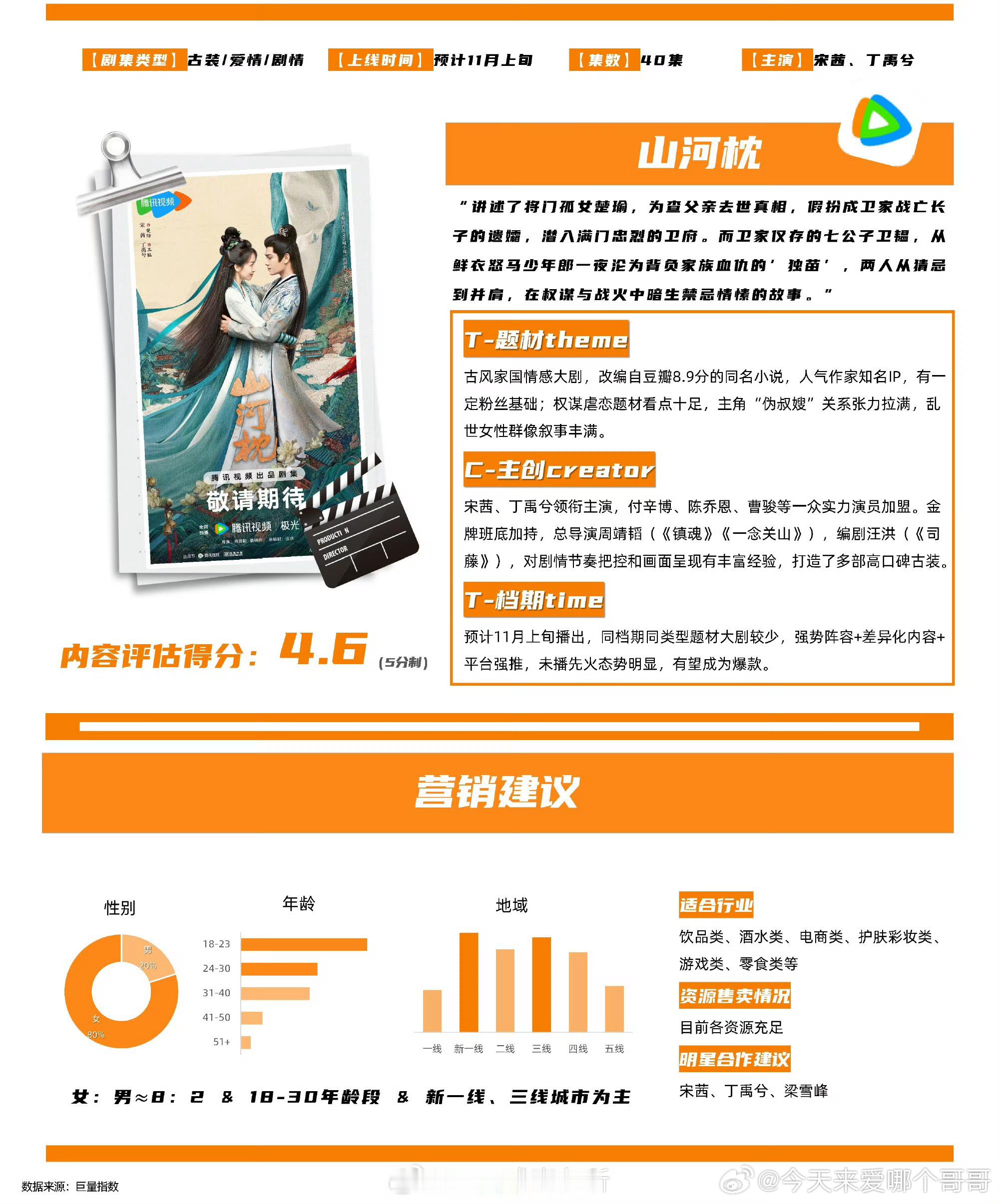 宋茜、丁禹兮《山河枕》招商看点，权谋虐恋题材看点十足，主角“伪叔嫂” 关系张力拉