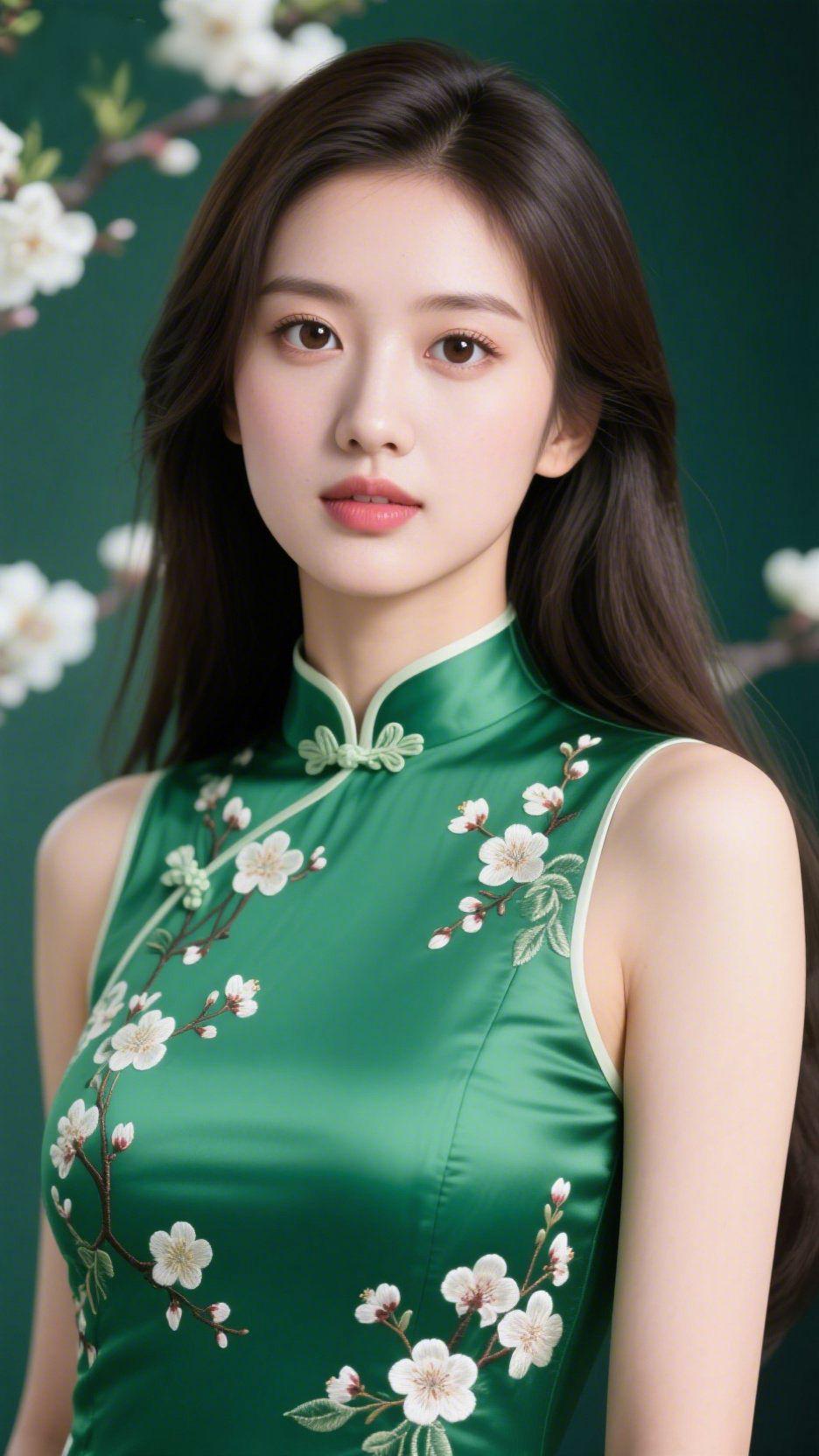青襟梅绣浸春柔
 
墨绿底色间，她身着青缎旗袍静立，恰似将春涧翠色与梅香裁作衣裾