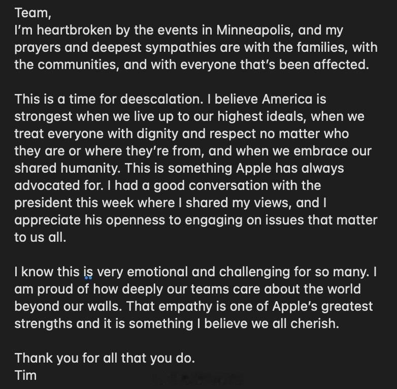 Tim Cook关于明尼苏达这段时间的ICE风波给员工写的信：“团队成员们：明尼