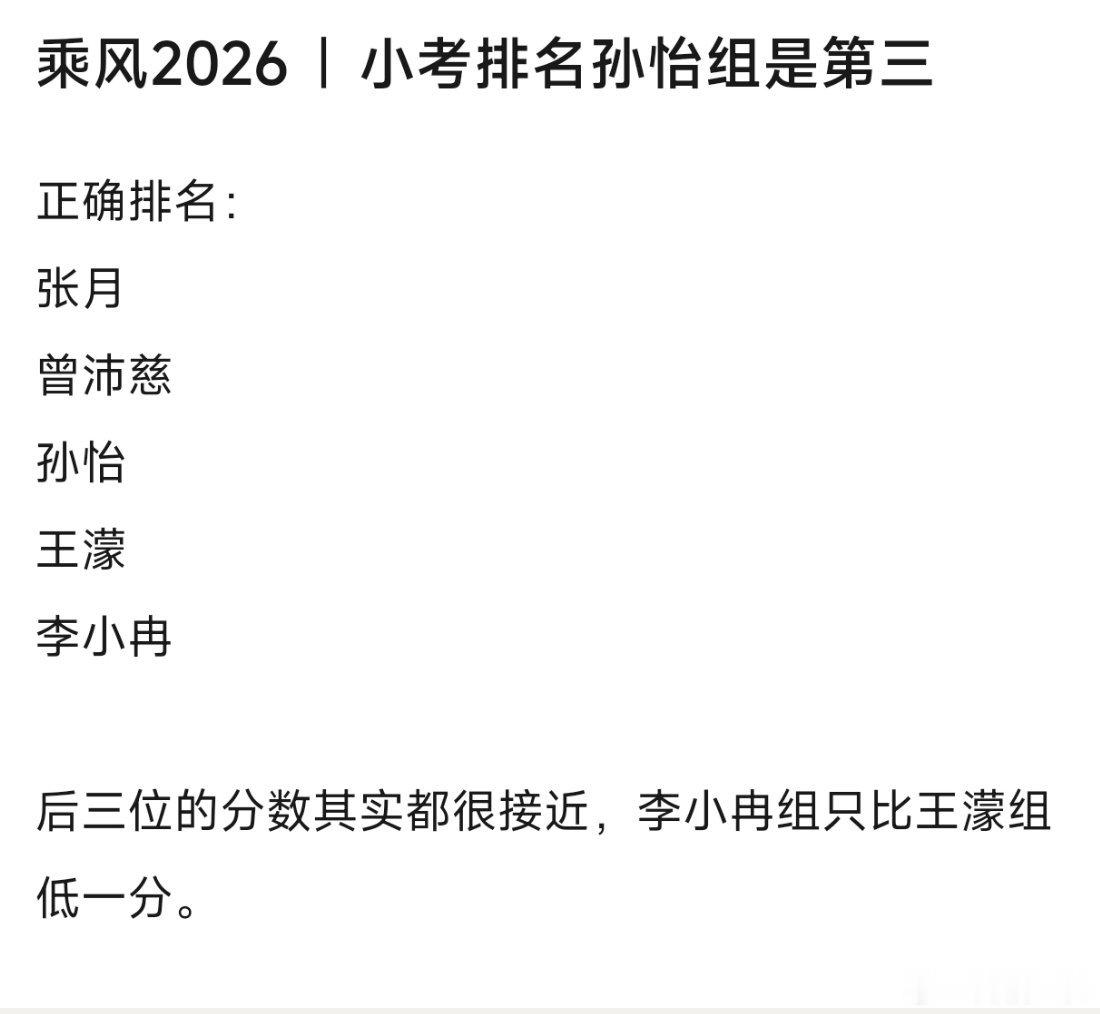 浪姐五公小考排名：张月曾沛慈孙怡王濛李小冉后三位的分数其实都很接近，李小冉组只比