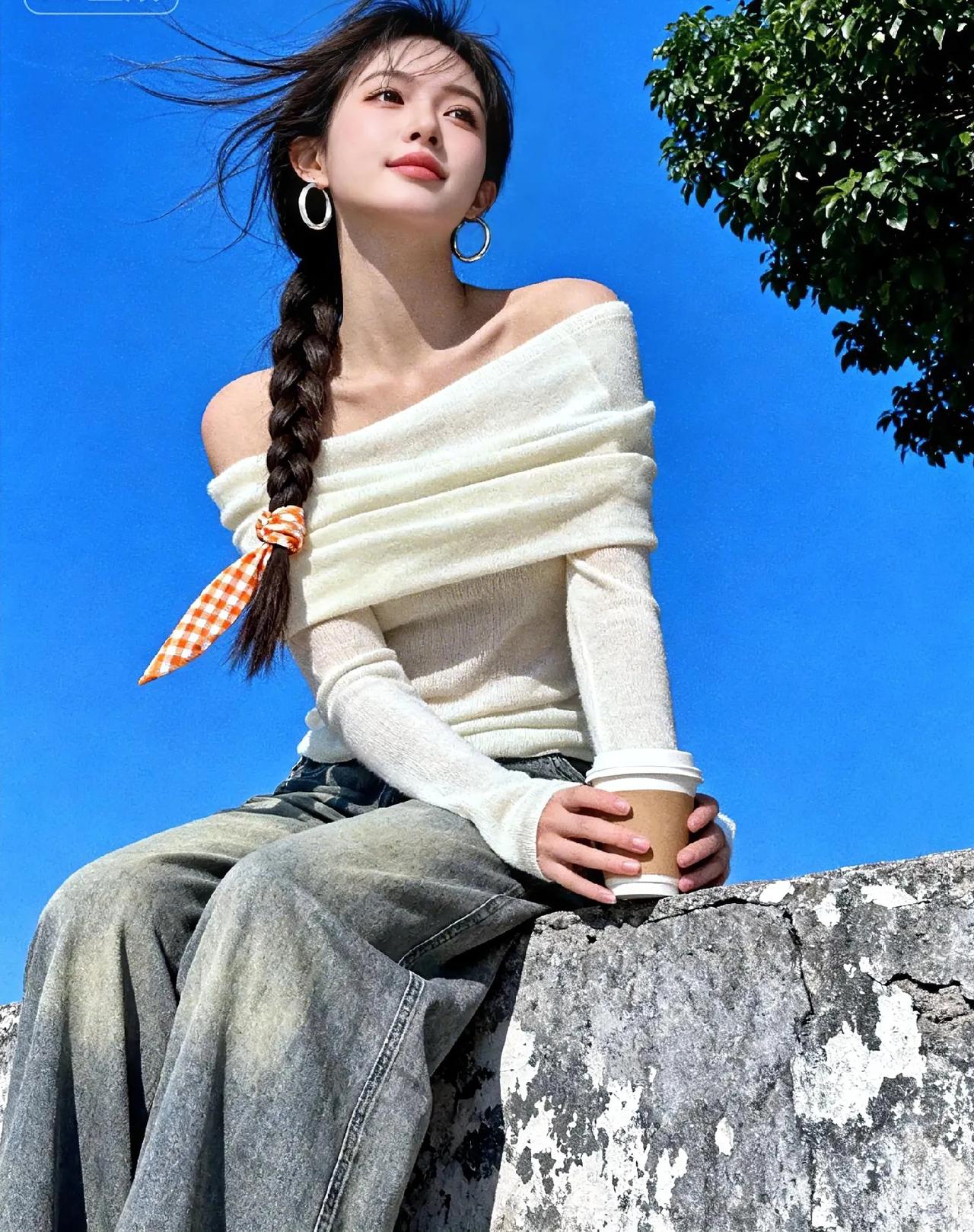 赴一场蓝天的约会，解锁春日的元气穿搭。慵懒的露肩针织衫，搭配复古阔腿牛仔裤，格纹