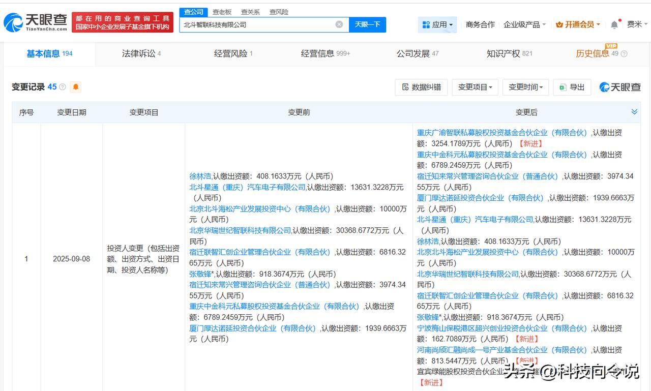 【上汽旗下基金等入股北斗智联科技 后者为智能网联汽车研发商】
天眼查工商信息显示