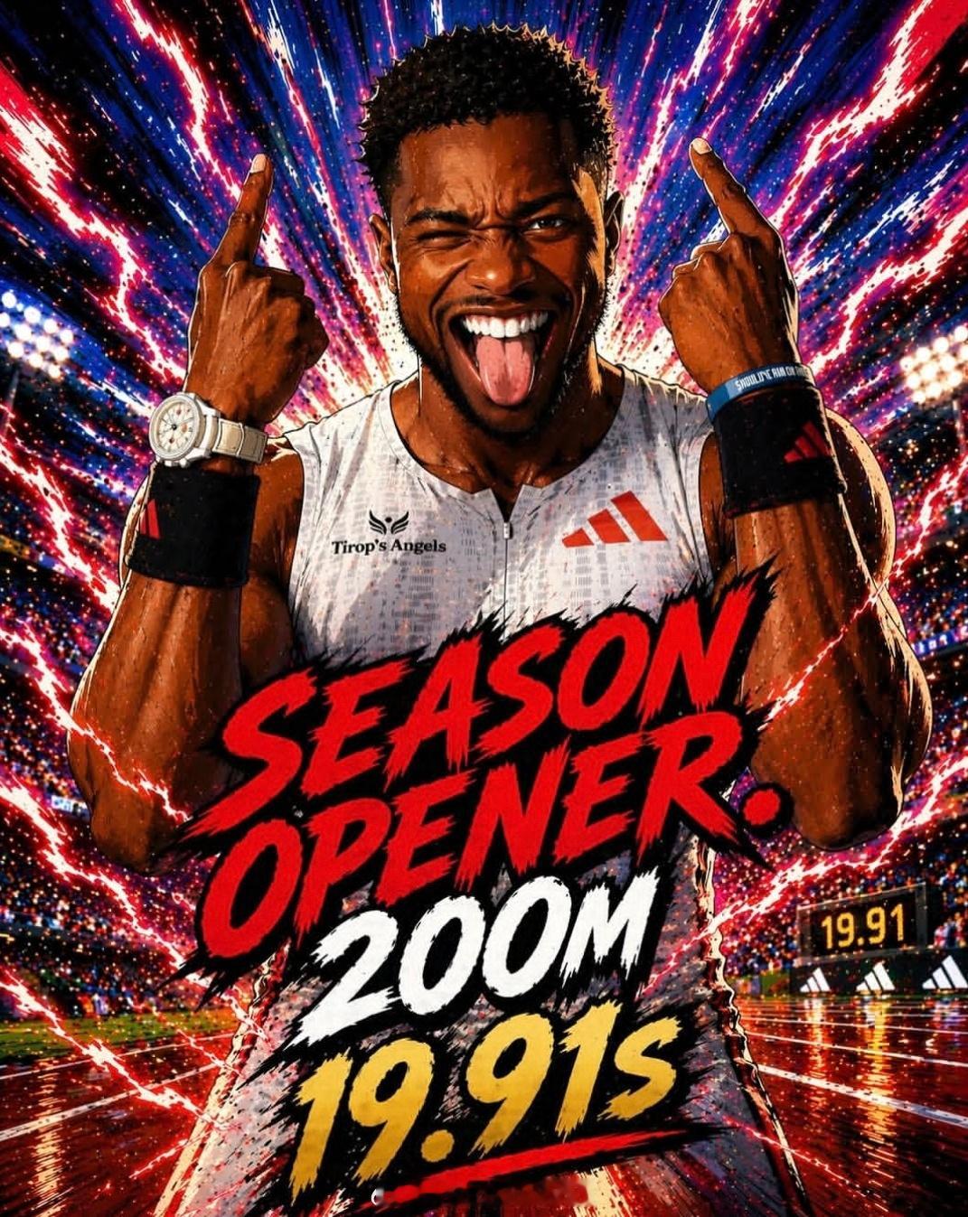 莱尔斯赛季首秀，Tom Jones纪念赛男子200米奥运组，19秒91（+1.6