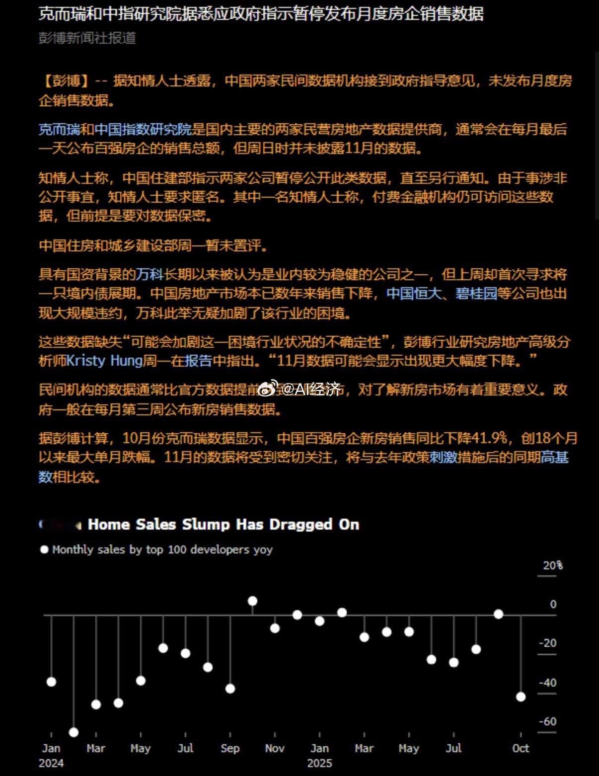 彭博：中国政府指示克而瑞和中指研究院，暂停发布月度房企销售数据 