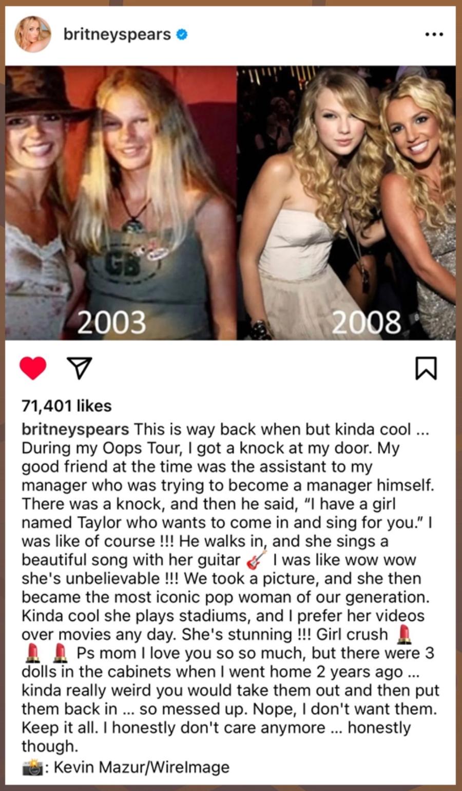 布兰妮发布照片并留言道：“这是很久以前了，但有点酷！记得当时我正在进行我的全球巡