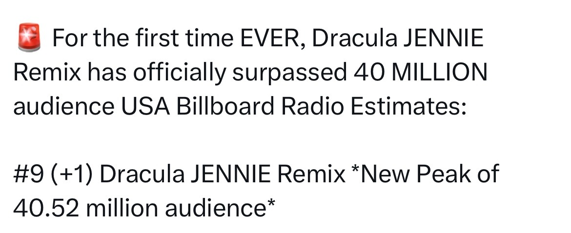 Dracula Jennie Remix 首次超过4000万电台❗️Billbo