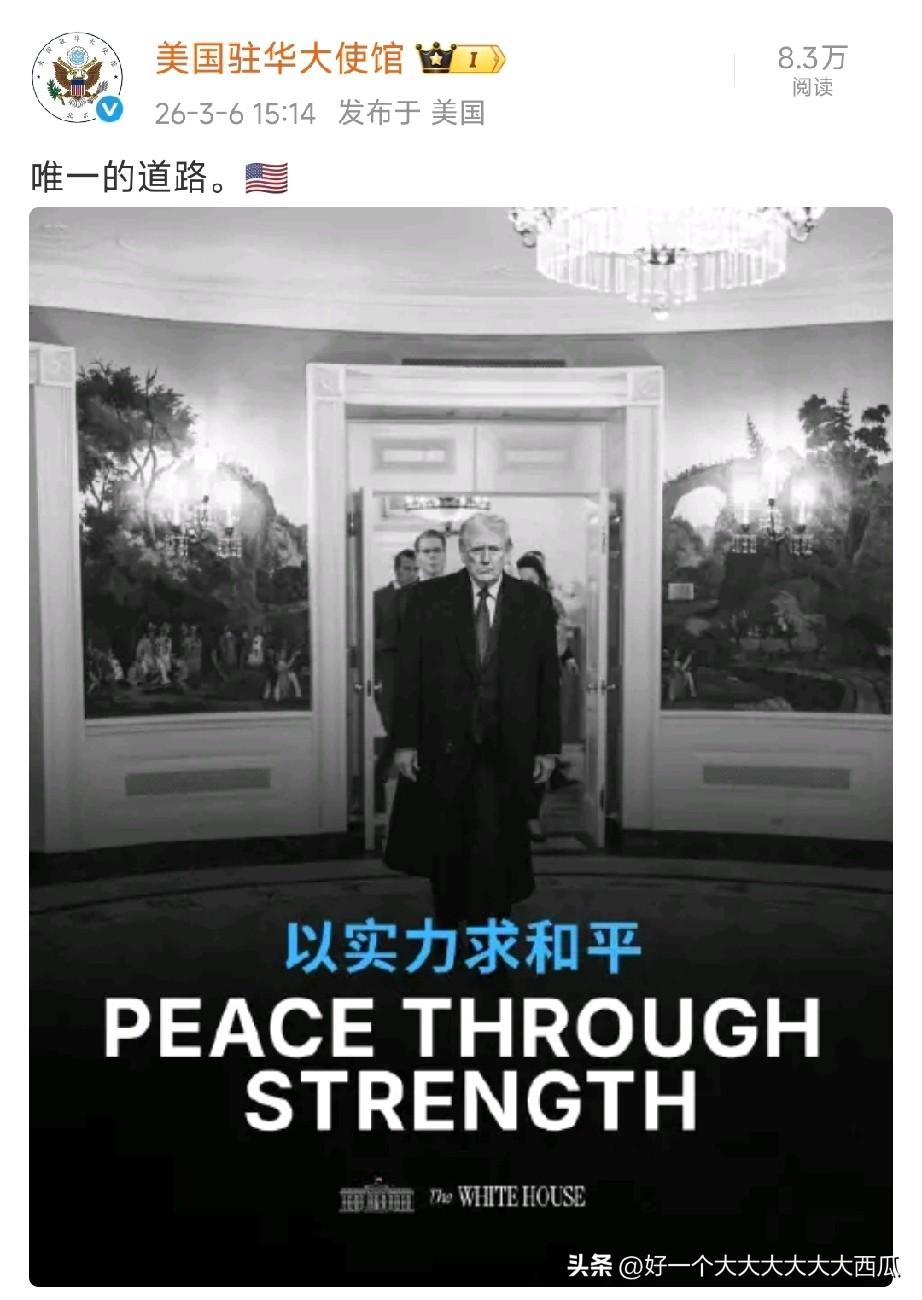 美国驻华大使馆官博发了一篇最新内容，
配以文字“以实力求和平”！
且不管这个和平