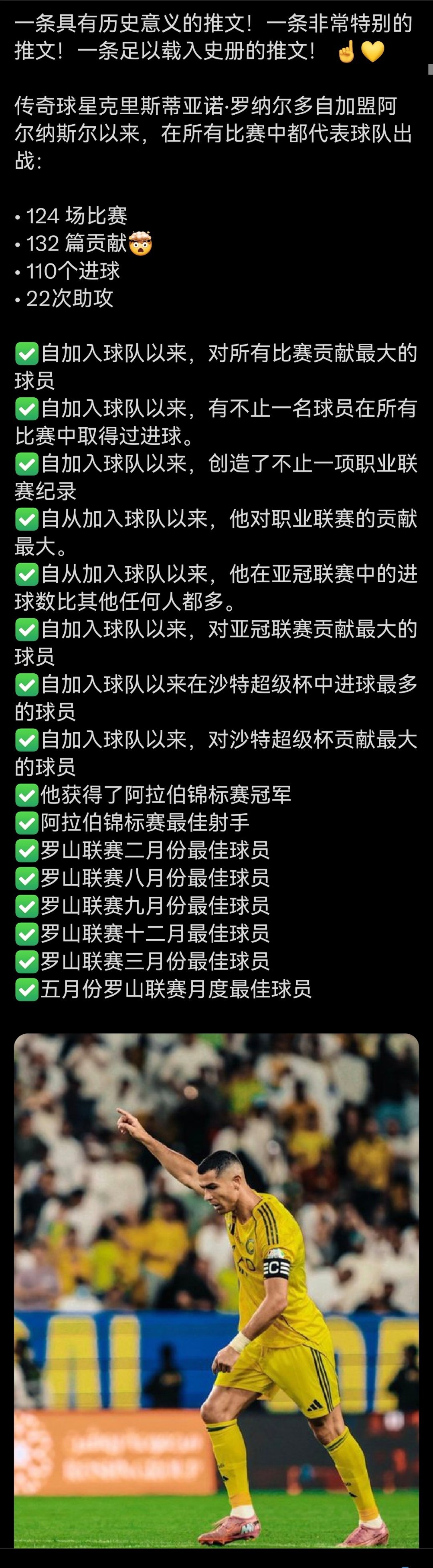 C罗 自加入沙特联赛以来，C罗全类型比赛上场达成！圣诞快乐🎉 