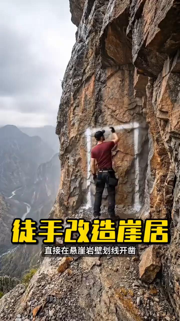 徒手改造崖居。
谁能想到男人不买房直接在悬崖岩壁划线开凿，一点点挖出完整洞穴主体