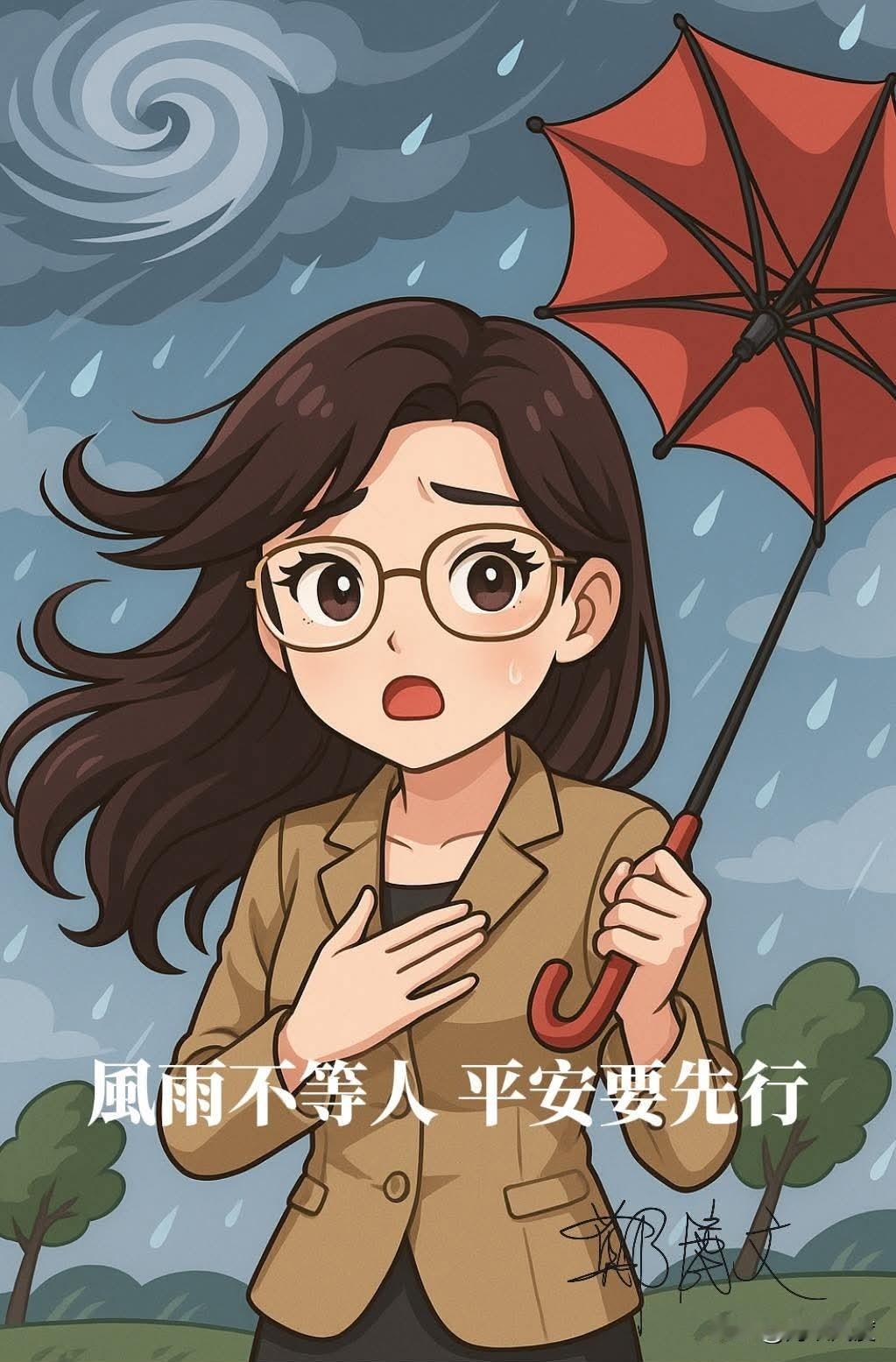 郑丽文脸书温馨提醒，“风雨不等人，平安要先行”，一张以她为原型在疾风暴雨中撑伞卡