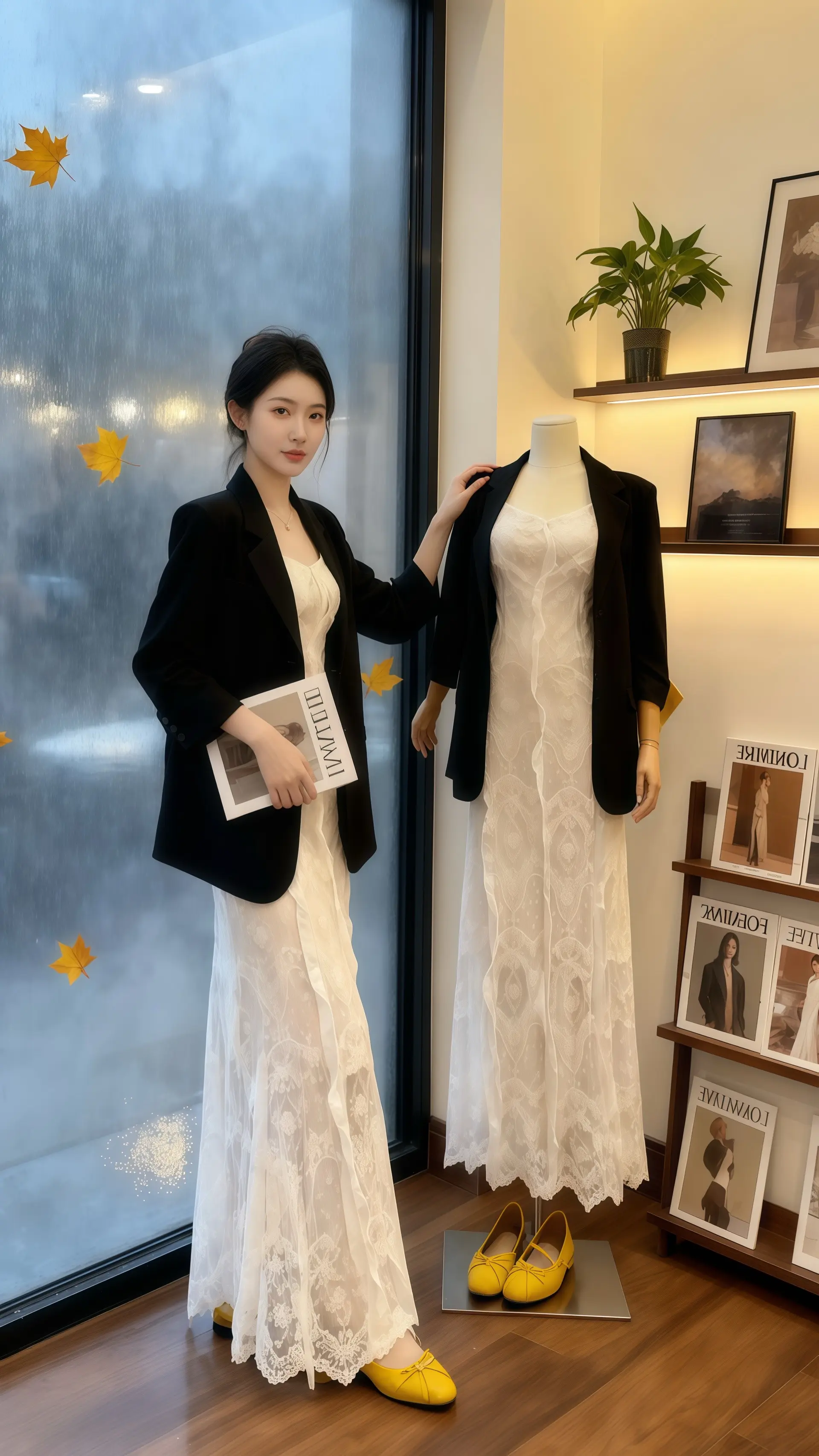 她穿着韩系西装吊带裙两件套，在秋日朦胧细雨里，指尖轻落于棕色钢琴键。黑...