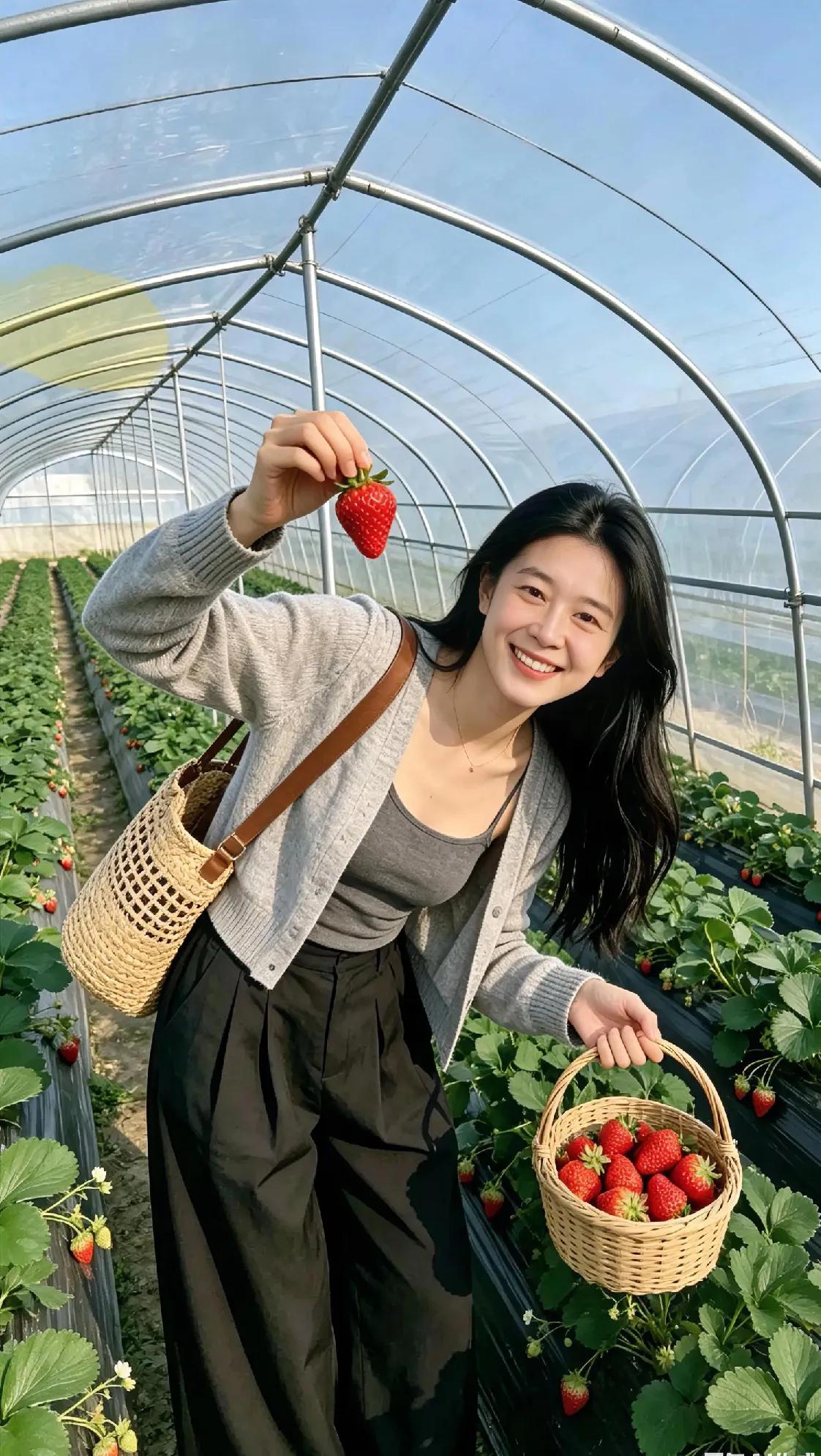 闯入草莓大棚的快乐时刻！柔和浅灰开衫搭黑色阔腿裤，随性又舒适，棕编草编包添了几分