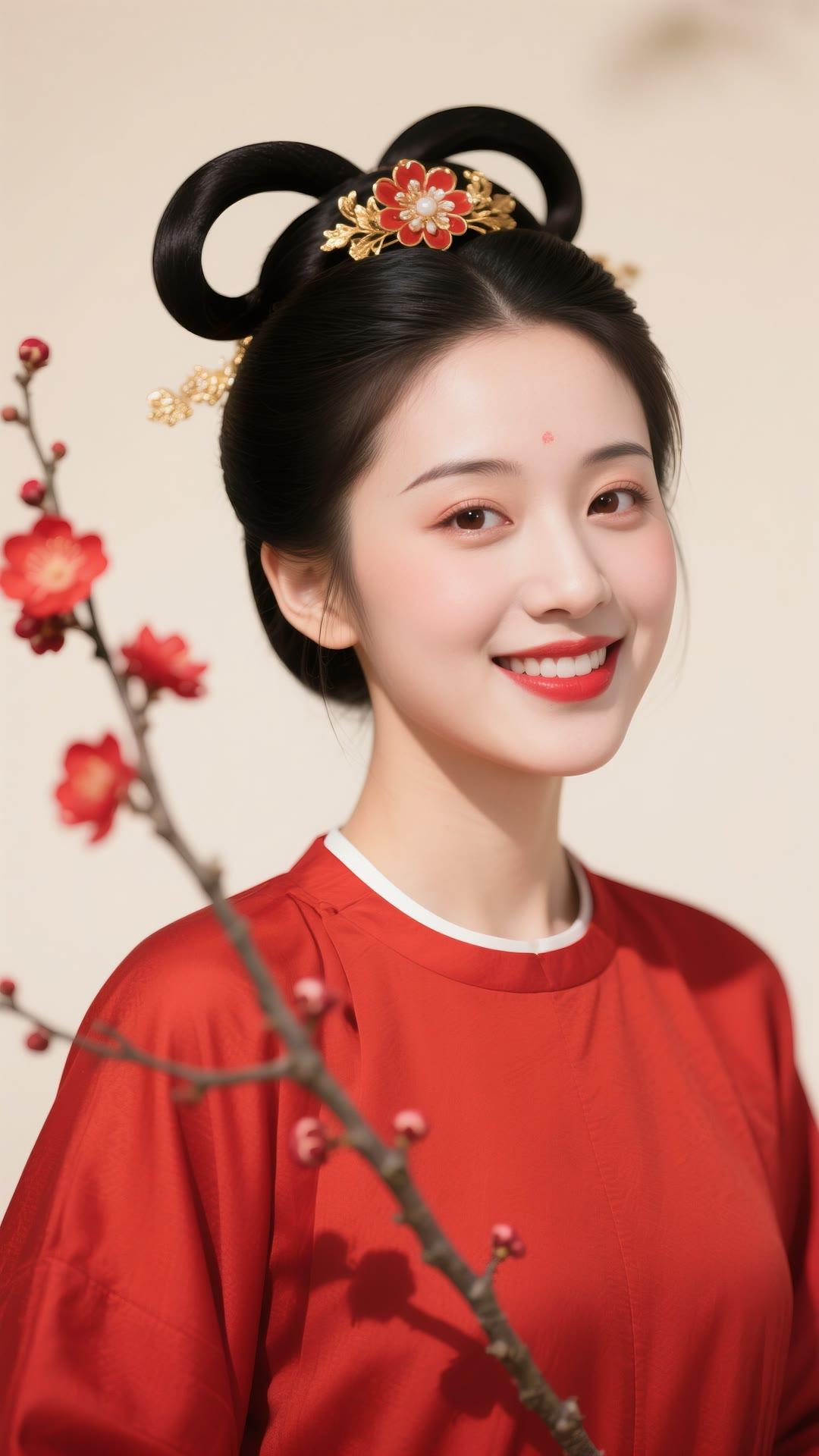 红衣少女，笑靥如花，古风发饰，春意盎然。