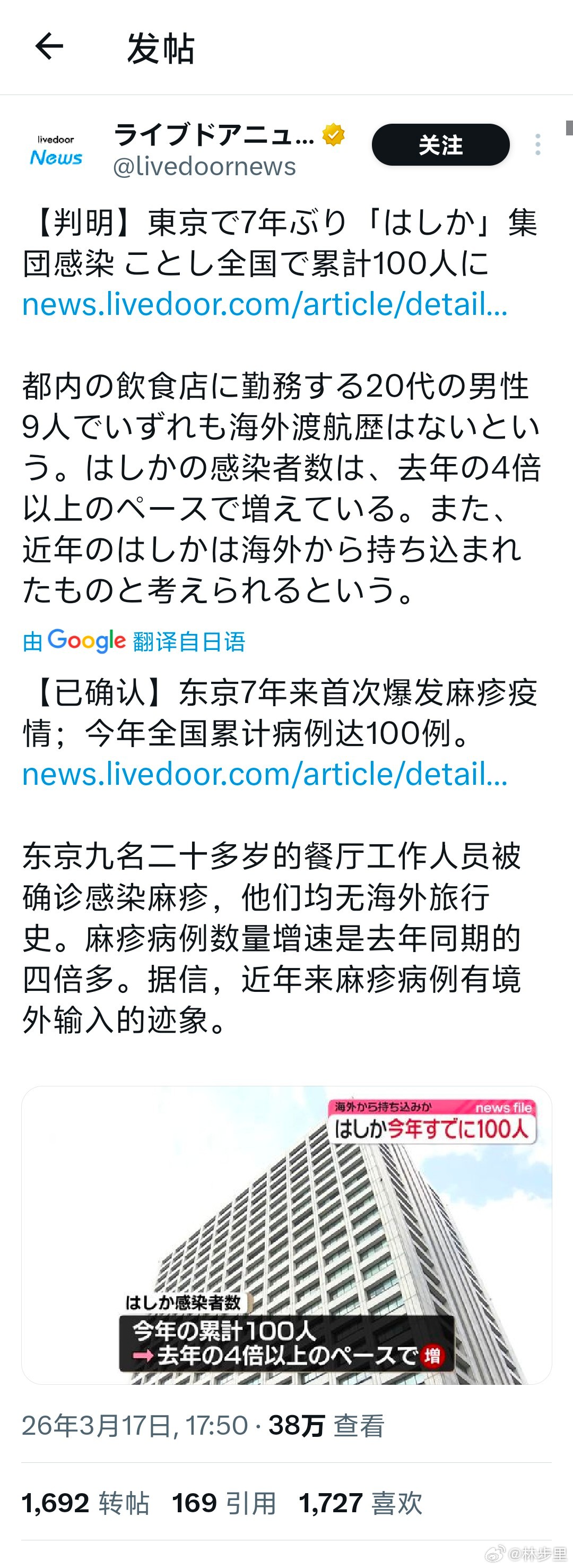 全球多个国家出现麻疹疫情反弹日本也出现麻疹疫情。东京今年麻疹病例的增速，是去年同