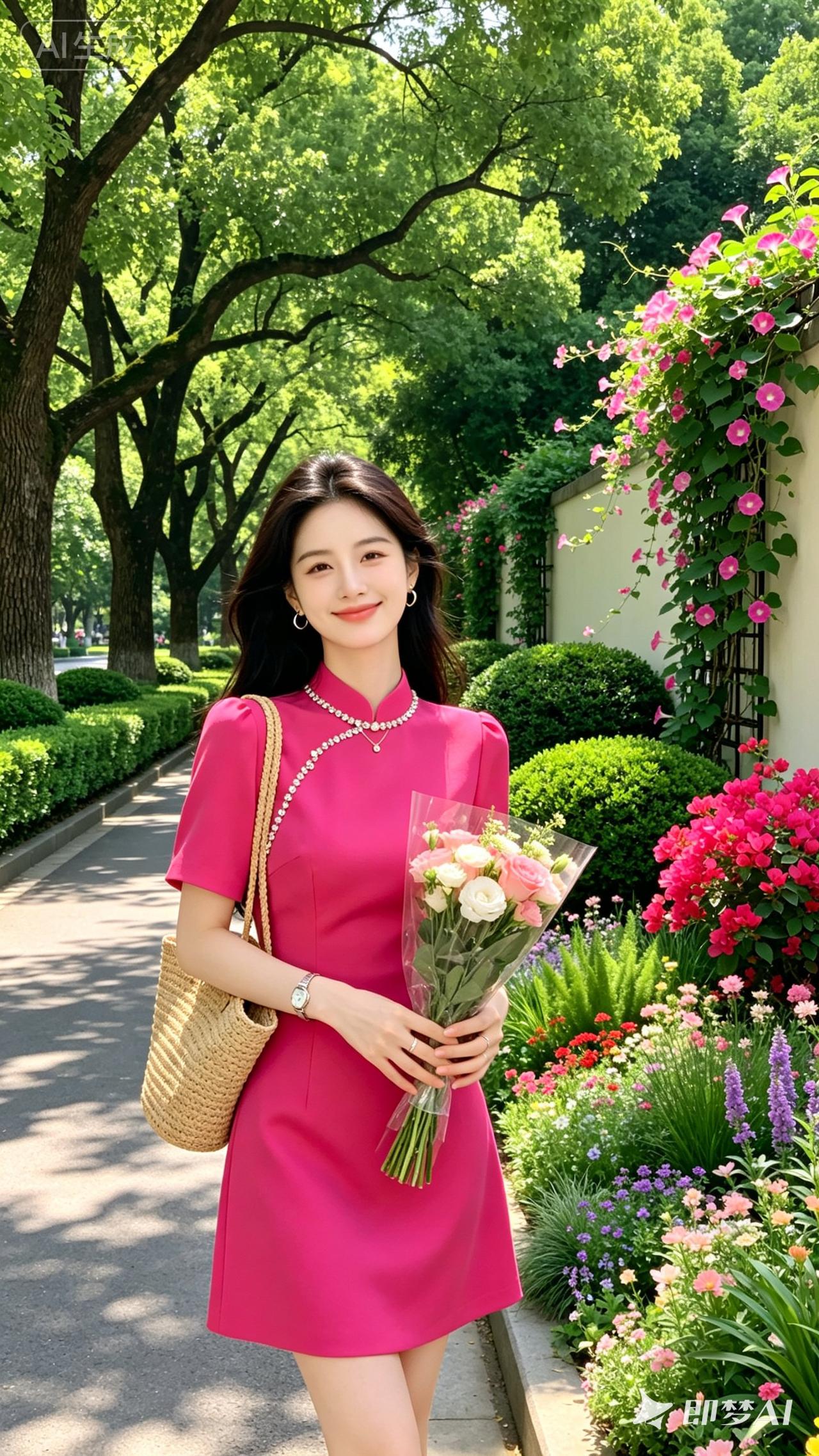 夏日浪漫，粉裙与花束的完美搭配🌸💐