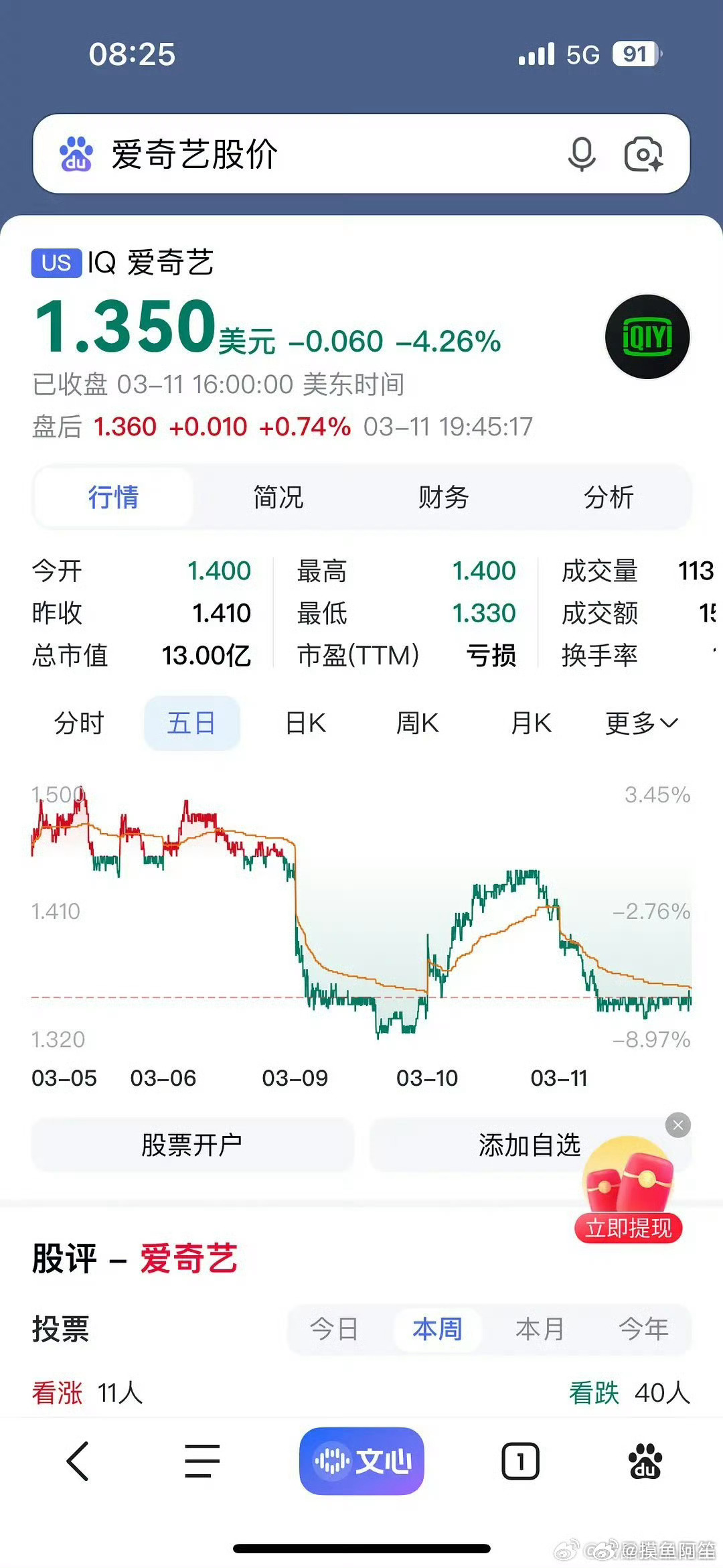 爱奇艺股价绿的股民心慌