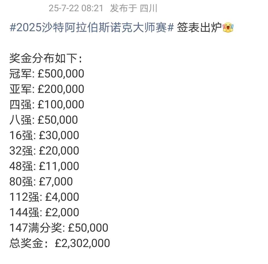 斯诺克沙特大师赛云集世界排名前16高手，冠军奖金高达50万英镑。
沙特六王表演赛