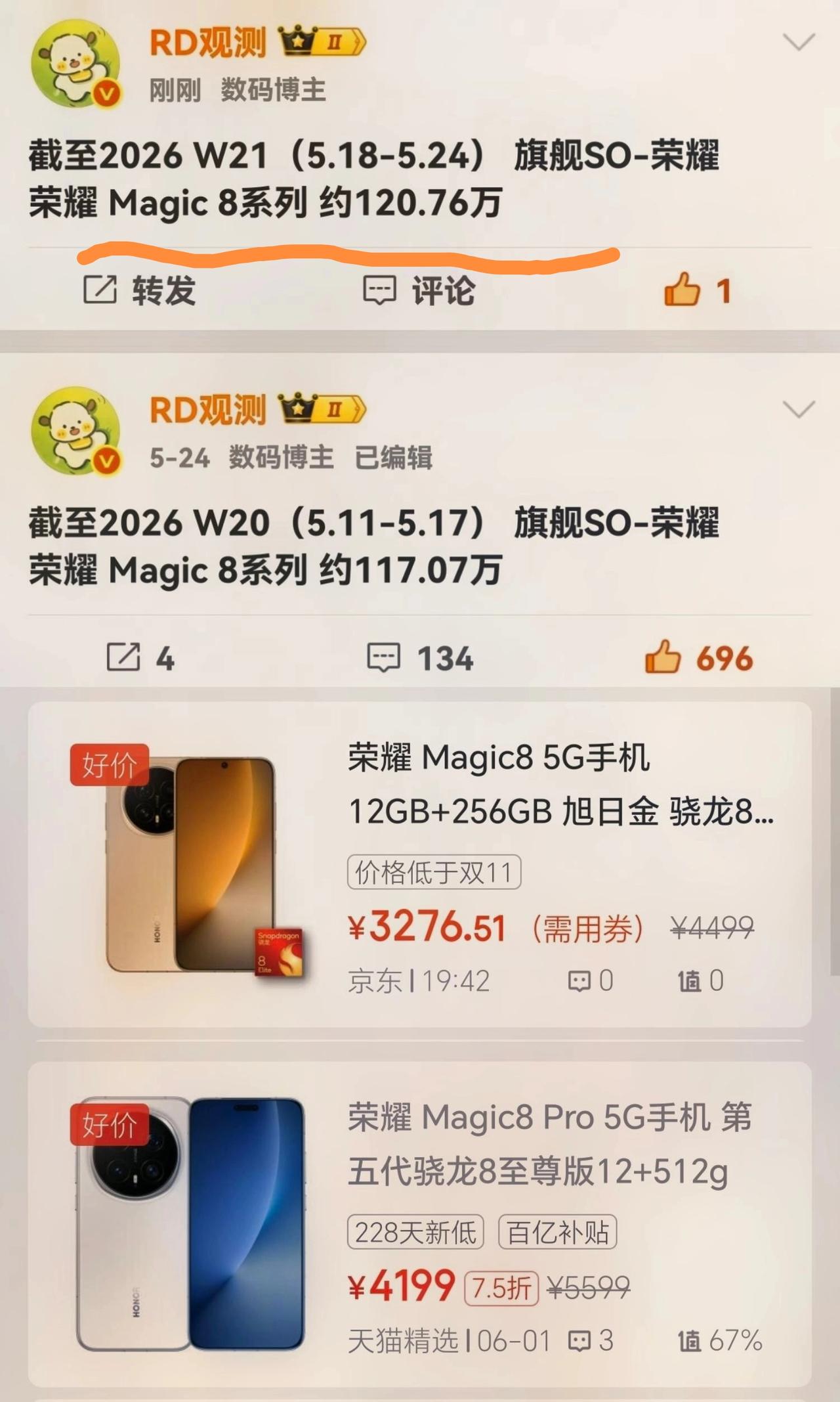 真为荣耀感到憋屈[捂脸]明明荣耀Magic8系列配置已经很给力，定价也有诚意，可