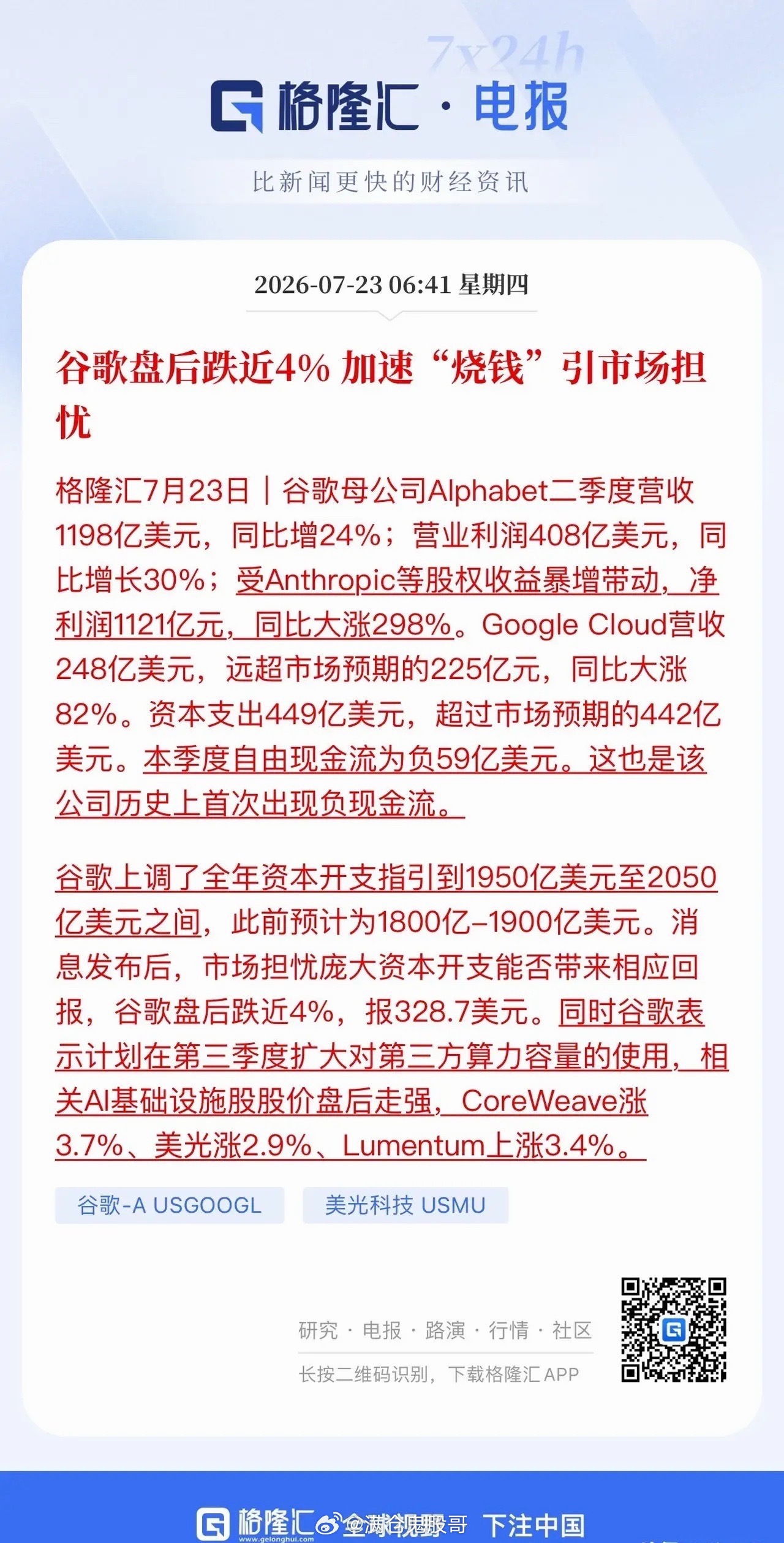 美股科技巨头陷入负现金流，深层隐患引发全球市场担忧！谷歌母公司官宣全年资本开支规
