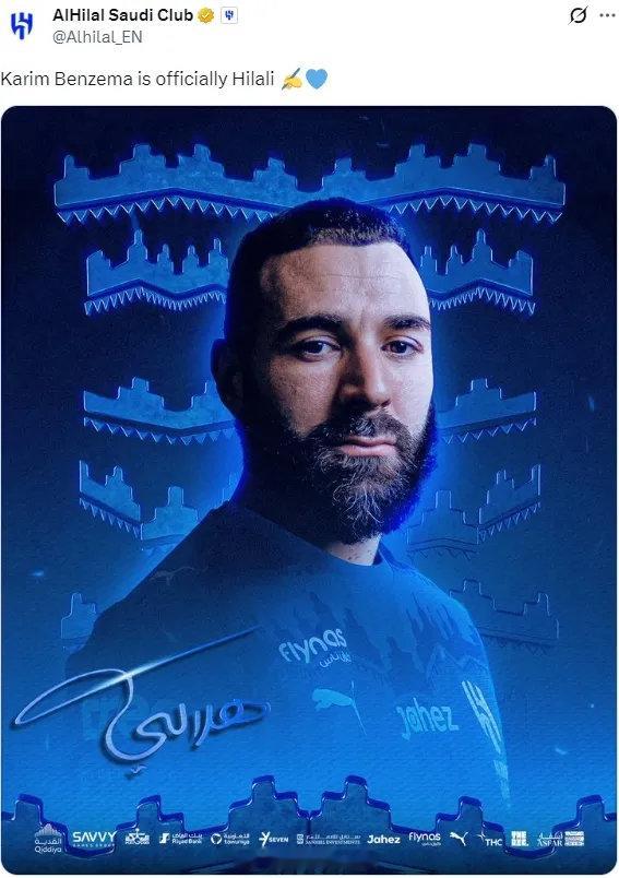 官方：利雅得新月宣布免签了本泽马，天空体育表示双方签署了一份三年合同。38岁的本