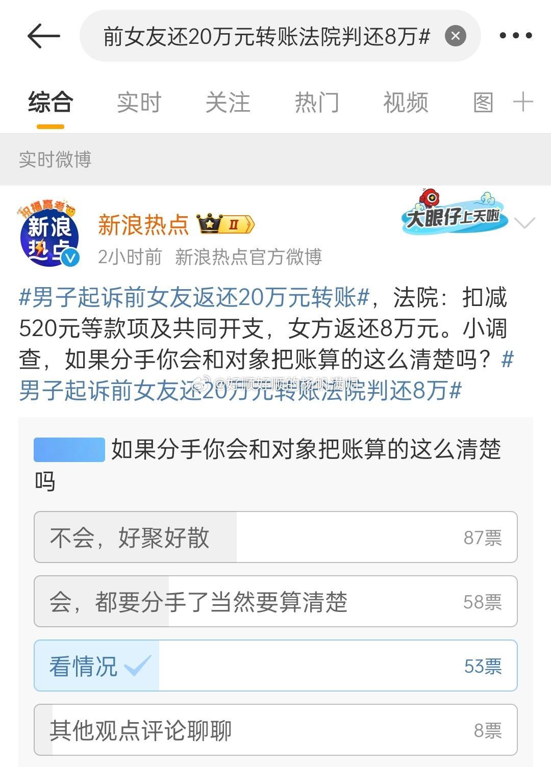 男子起诉前女友还20万元转账法院判还8万 怎么现在交往要这么大开销了吗？[吃惊]