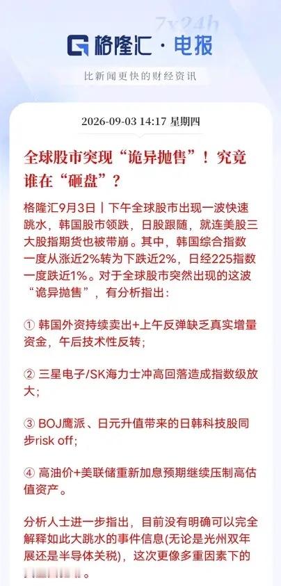 全球股市诡异跳水，没有单一利空，多重资金面共振9月3日午后全球市场上演一波剧烈震