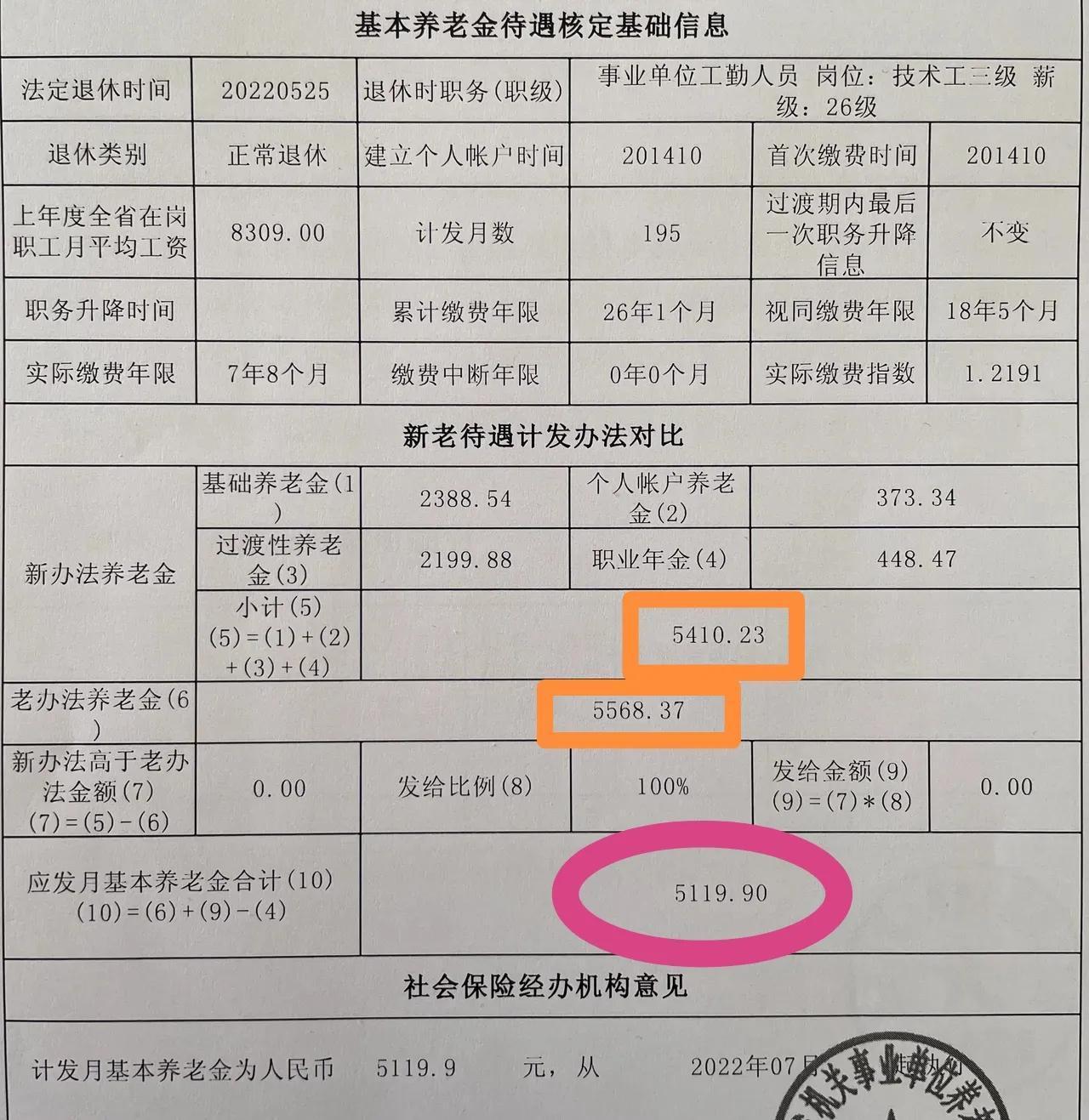 您见过《机关事业单位退休中人养老金核算定表》中，老办法计算养老金待遇高于新办法养