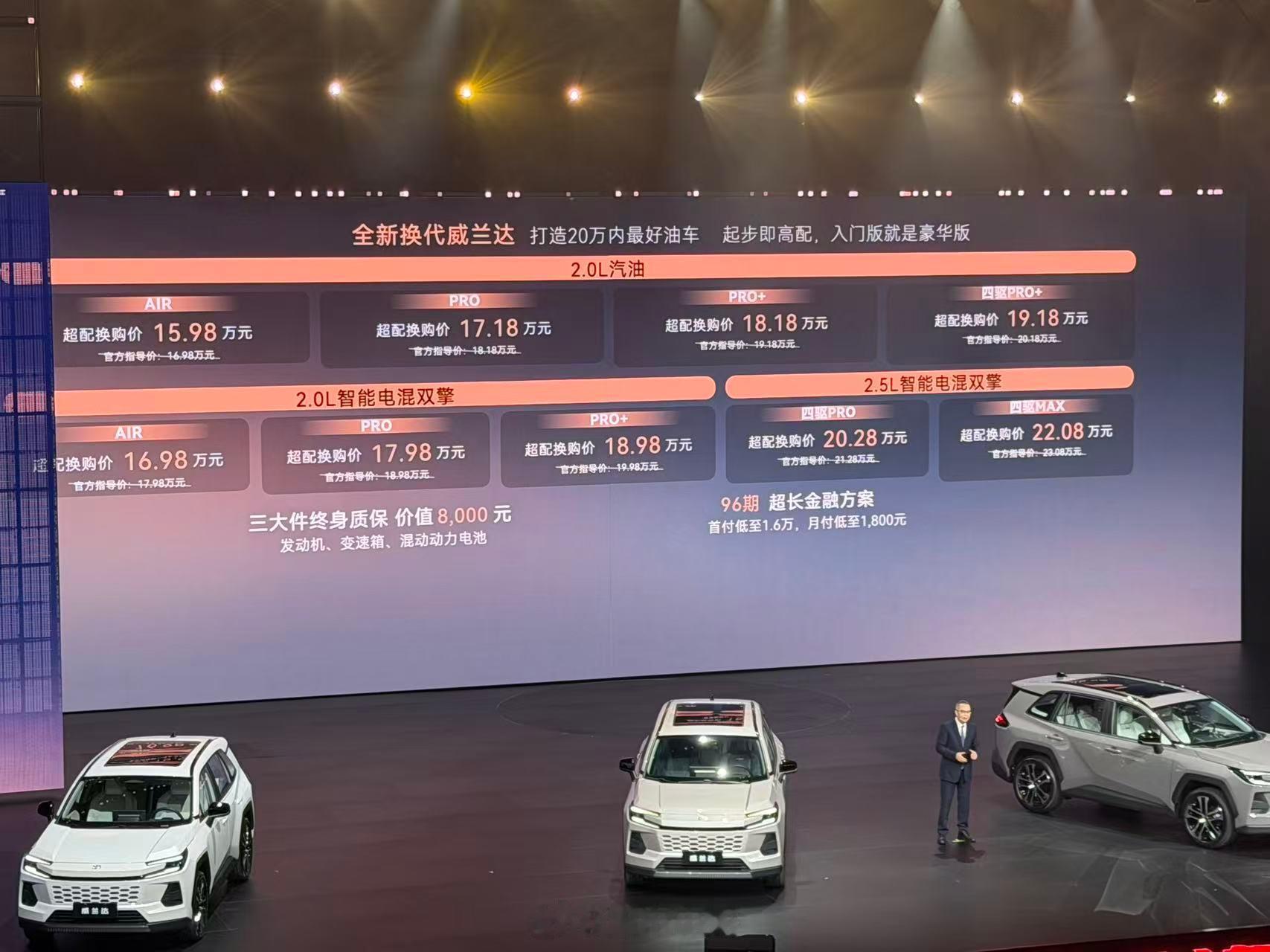 全新换代威兰达价格来了，换购价15.98-22.08万。总共三种动力系统，第五代