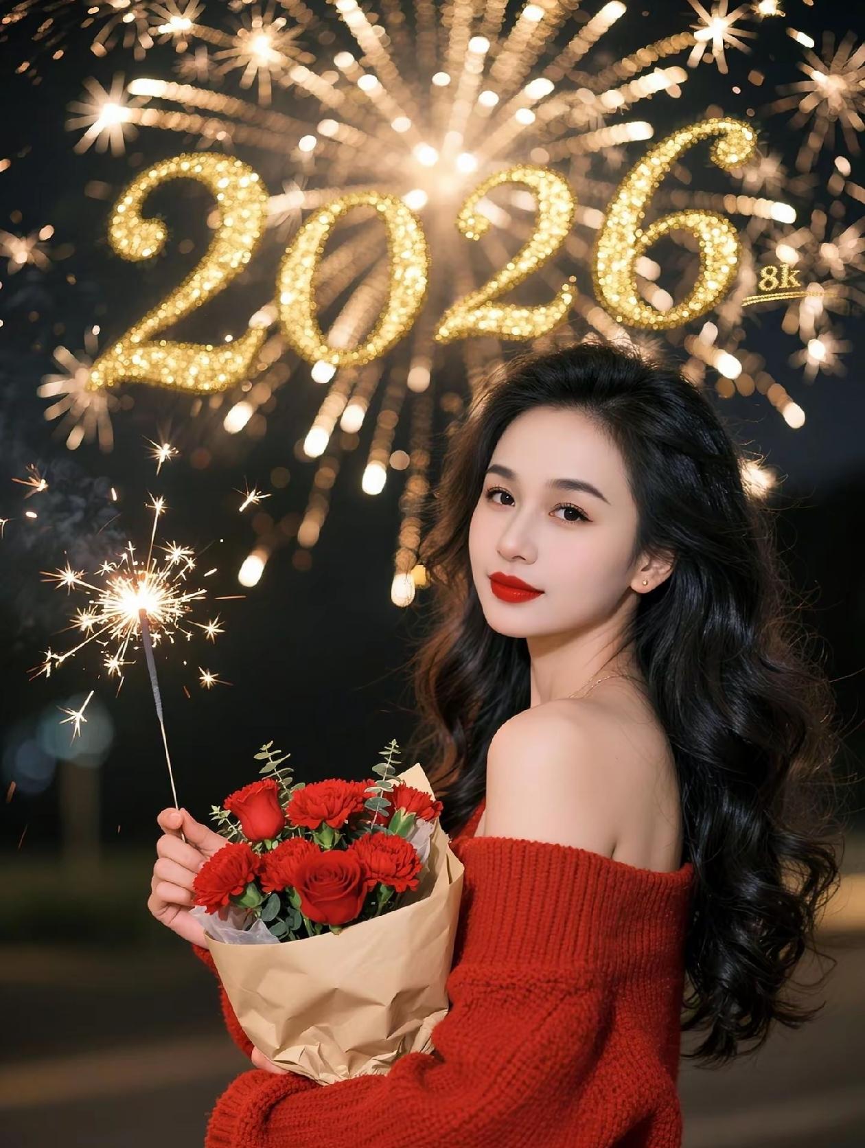 2026的烟花撞碎了夜色，玫瑰与仙女棒攥着新年的浪漫，红衫映着漫天星火，愿这一年