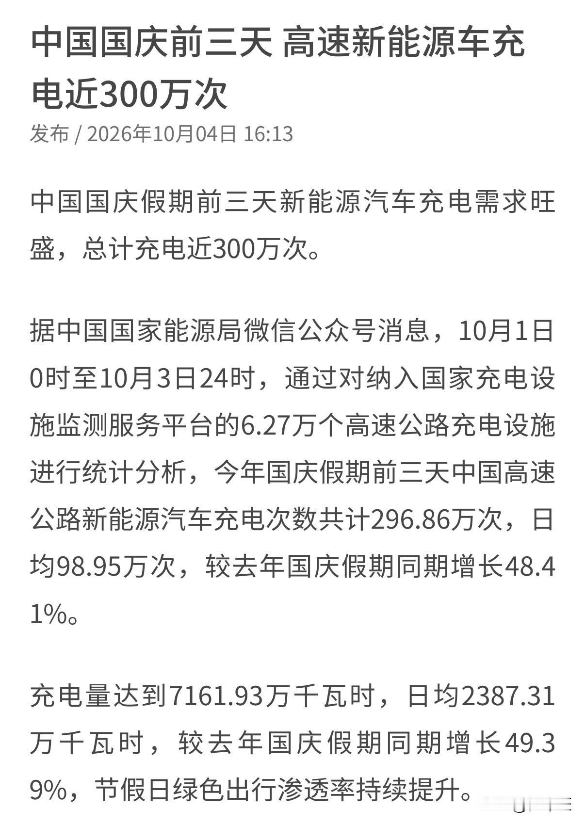 国庆前3天，高速上新能源车充电近300万次！

国家能源局刚公布数据：10月1日