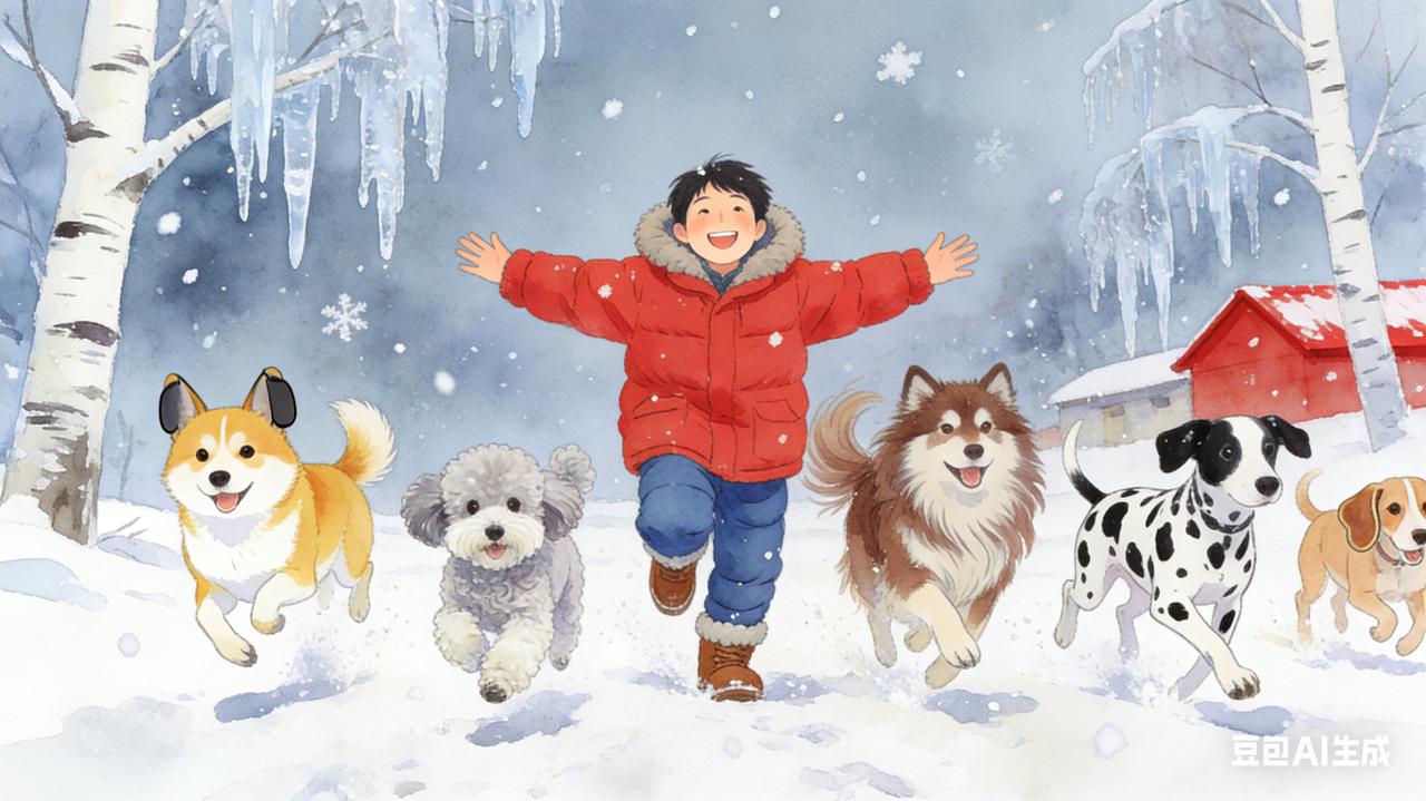 哇，今日漫天漂絮，第一次感受冬天的毛孩子途途和其他放飞自我的狗伙伴们在地上跑着撒