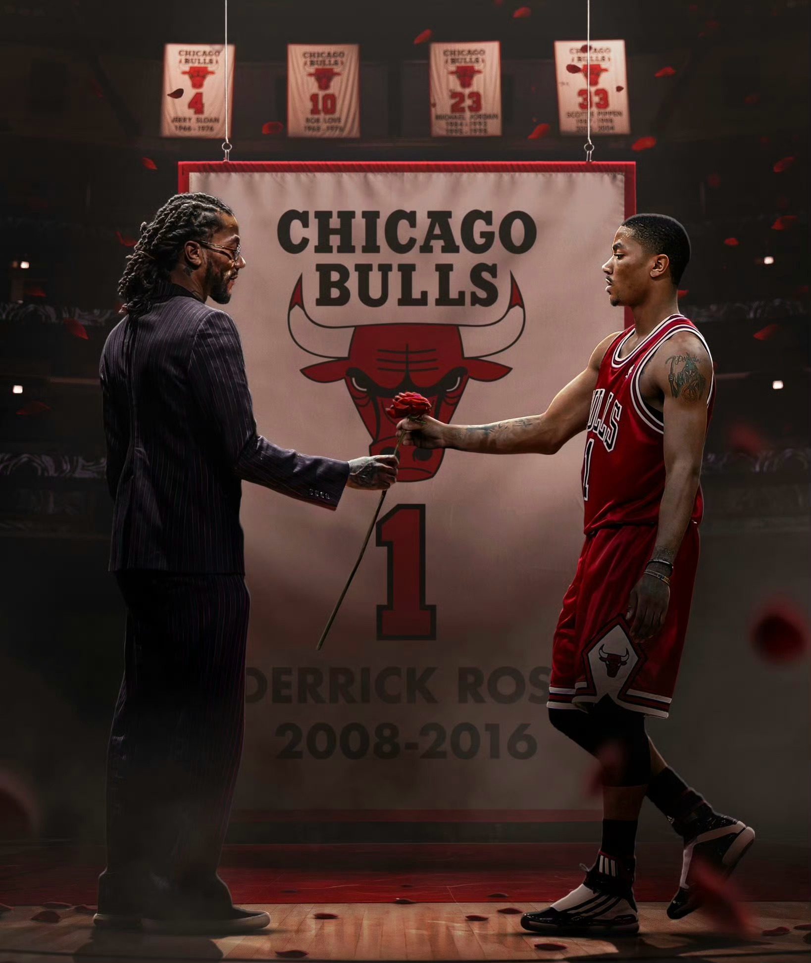 罗斯球衣退役仪式芝加哥联合中心的聚光灯下，1号球衣缓缓升空，风城玫瑰终于迎来属于