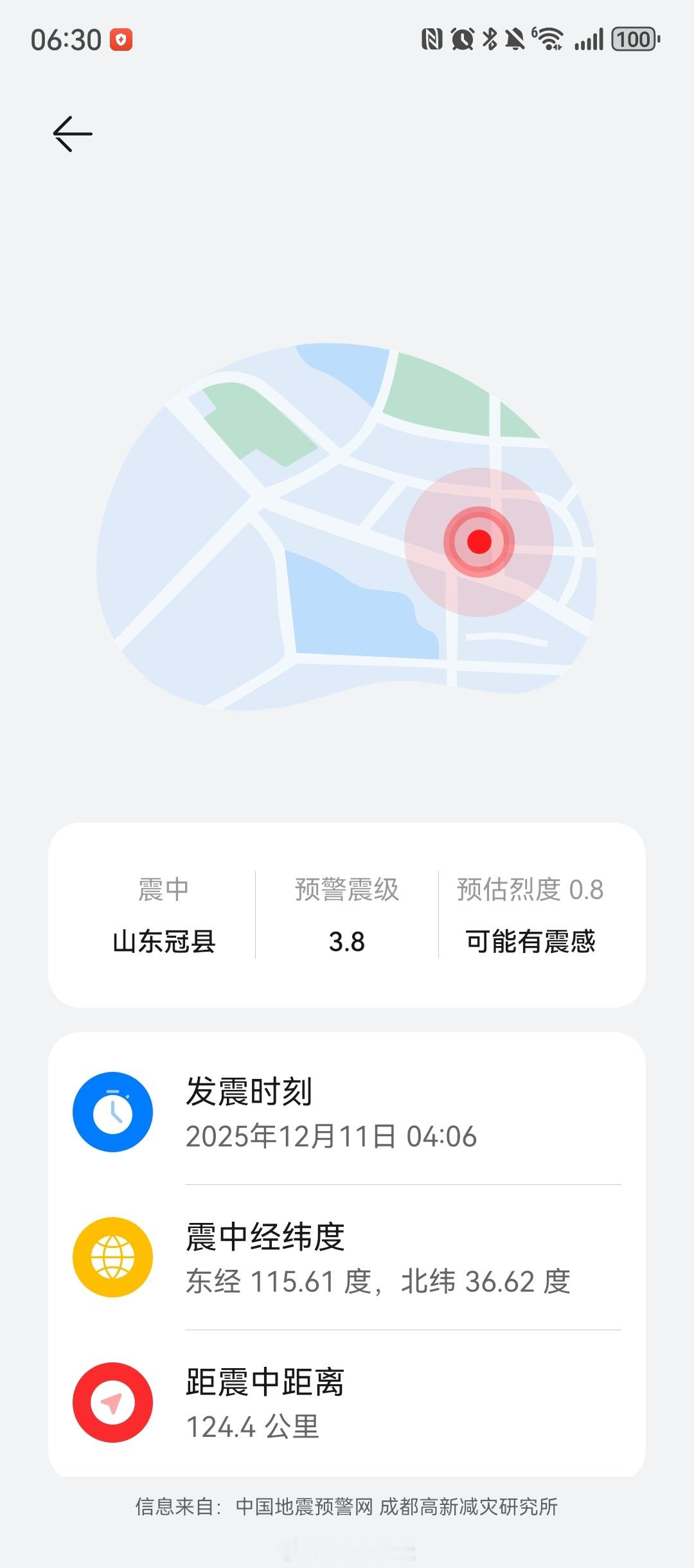 4:06山东冠县发生3.8级地震，济南 可能有震感，手机报警了