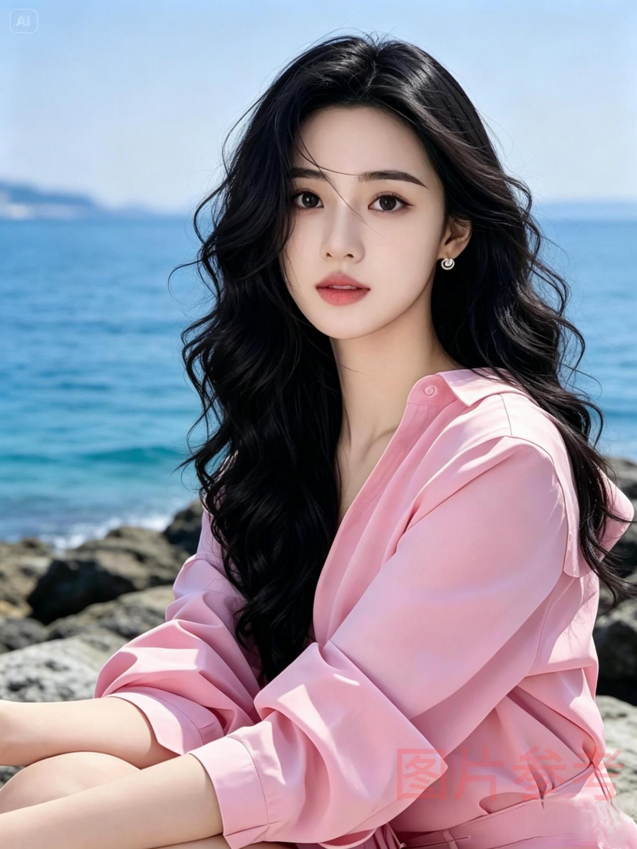 海边少女，粉衣飘逸，海风轻拂，美不胜收。