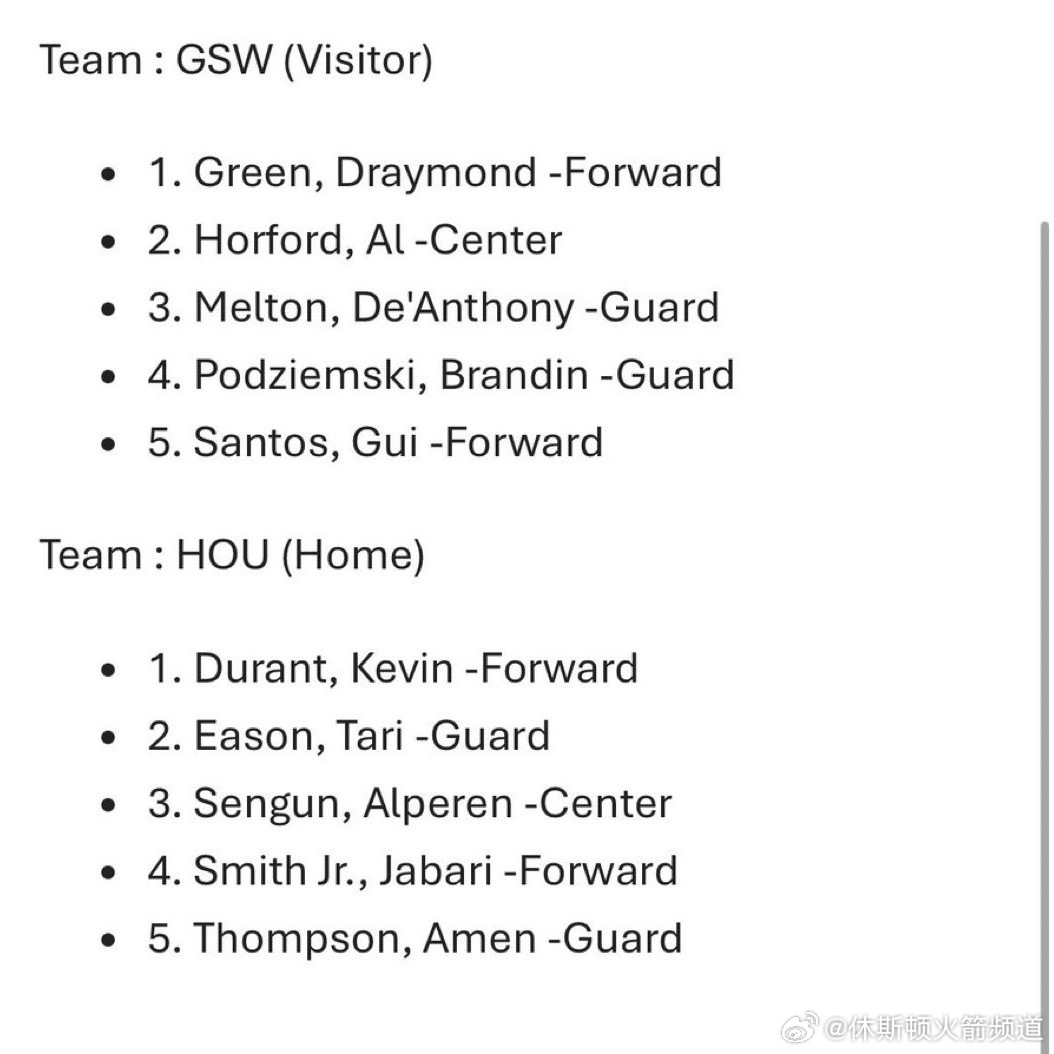 今日火勇大战首发！小贾阿门回归，小谢回归替补。勇士vs火箭