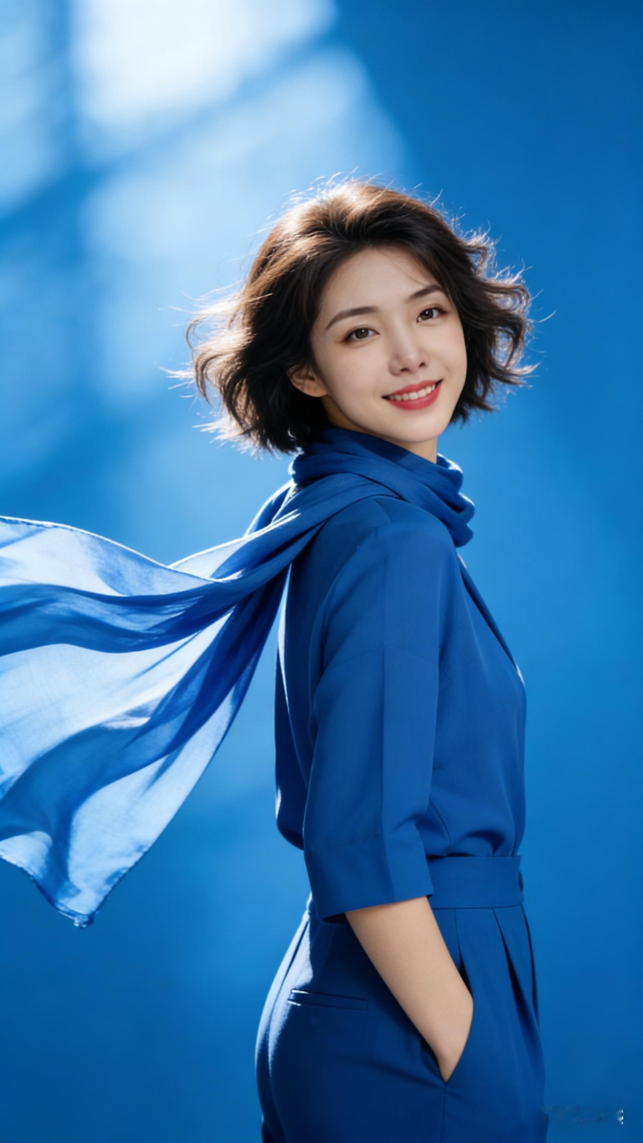 美女短发微卷，身着蓝色现代简约服饰，搭配飘逸蓝围巾。背景换为蓝色高光，整体统一蓝