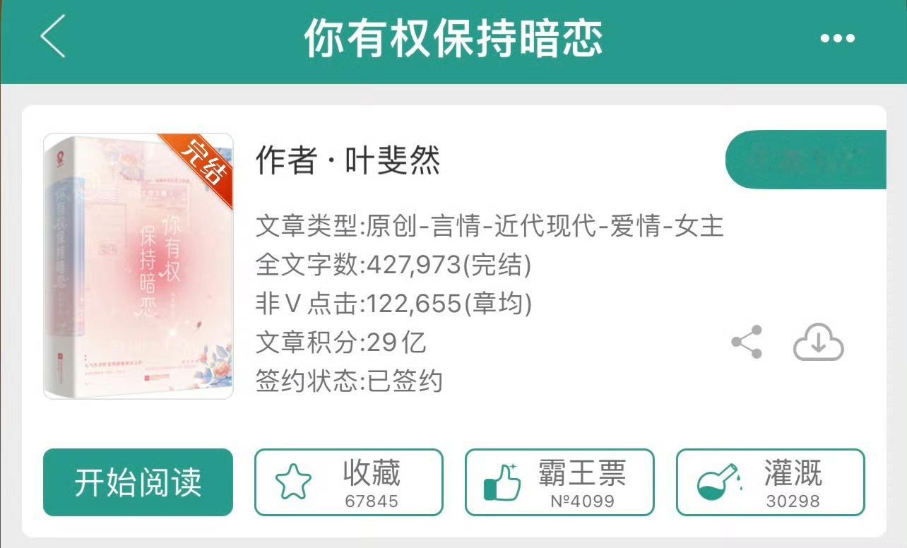 小说推荐：《你有权保持暗恋》 作者:叶斐然简评：貌美戏精女主vs隐忍傲娇男主，双