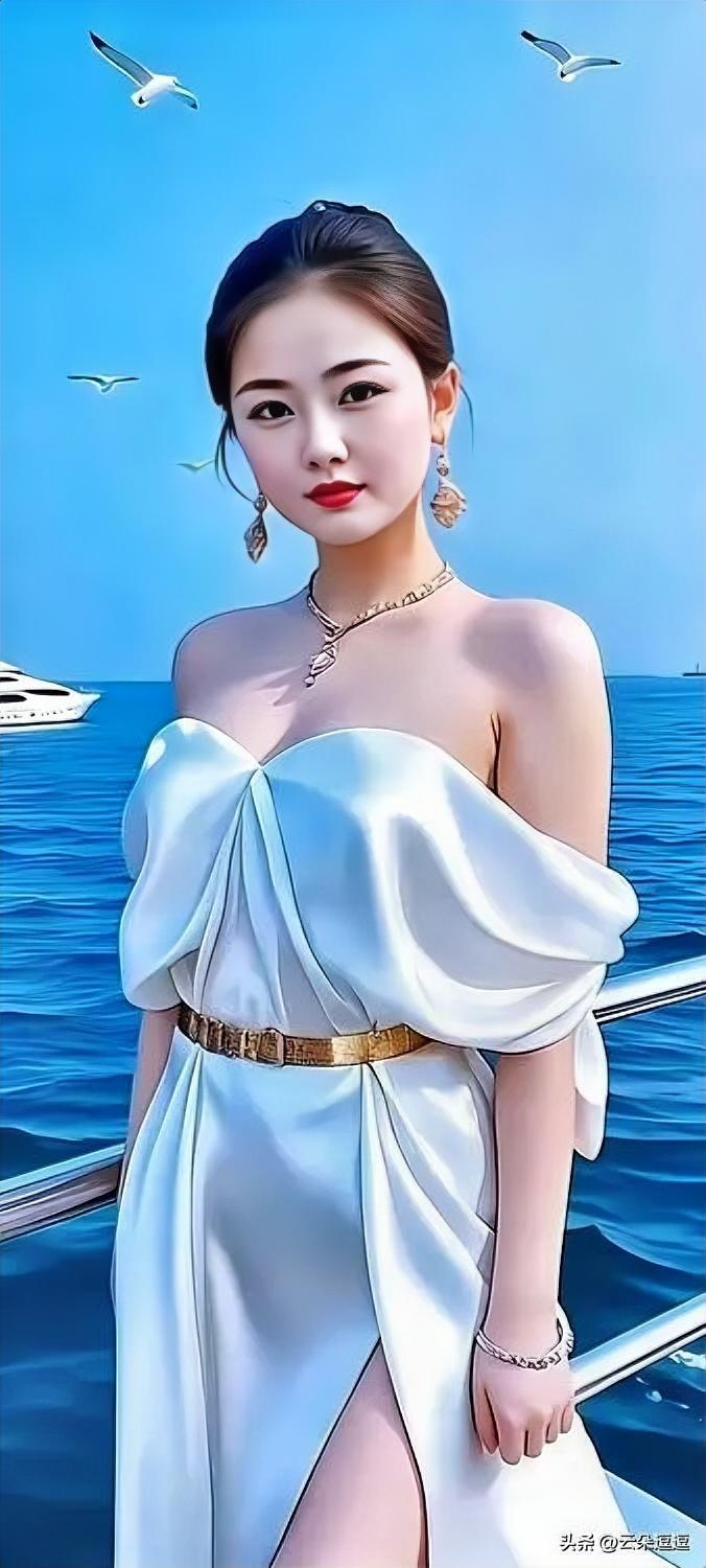 夏日海边优雅穿搭，白色连衣裙搭配金色腰带，尽显清新与时尚！